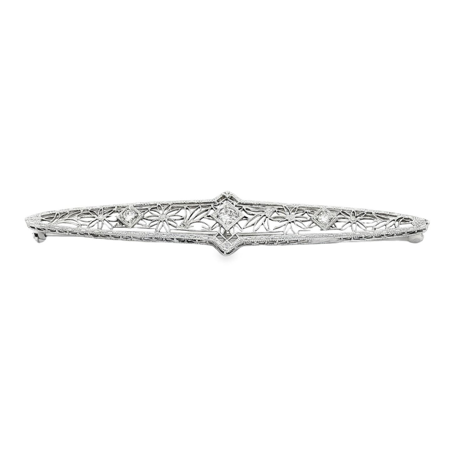 Edwardian 14k white gold Filigree Bar Pin with 3 Diamonds weighing .25 carats