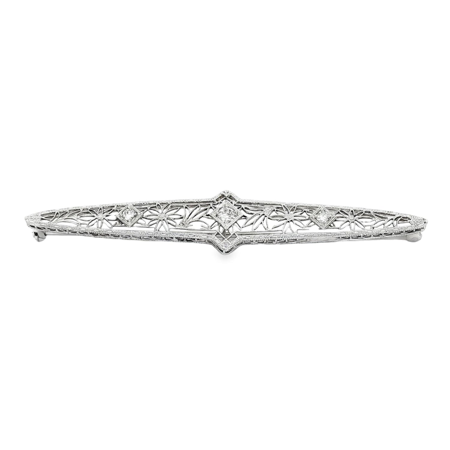 Edwardian 14k white gold Filigree Bar Pin with 3 Diamonds weighing .25 carats