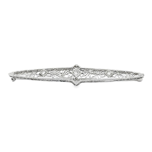 Edwardian 14k white gold Filigree Bar Pin with 3 Diamonds weighing .25 carats