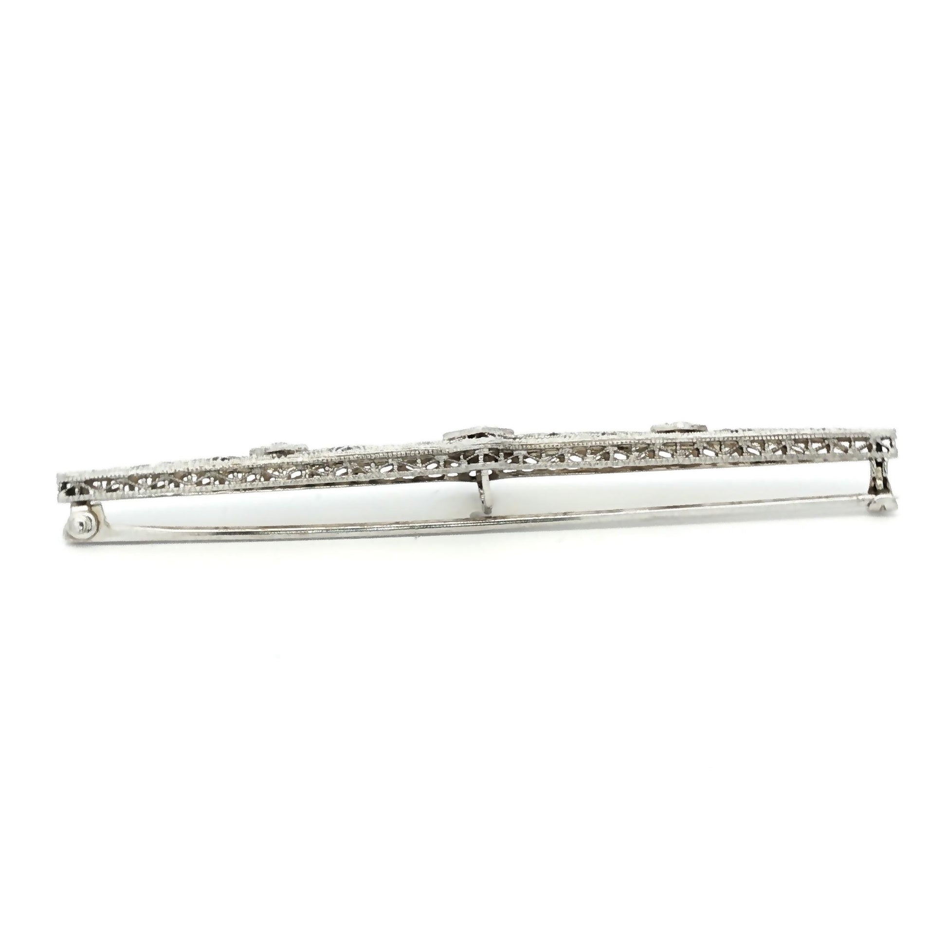 Edwardian 14k white gold Filigree Bar Pin with 3 Diamonds weighing .25 carats