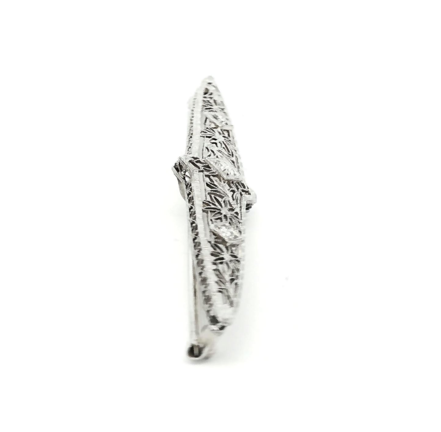 Edwardian 14k white gold Filigree Bar Pin with 3 Diamonds weighing .25 carats