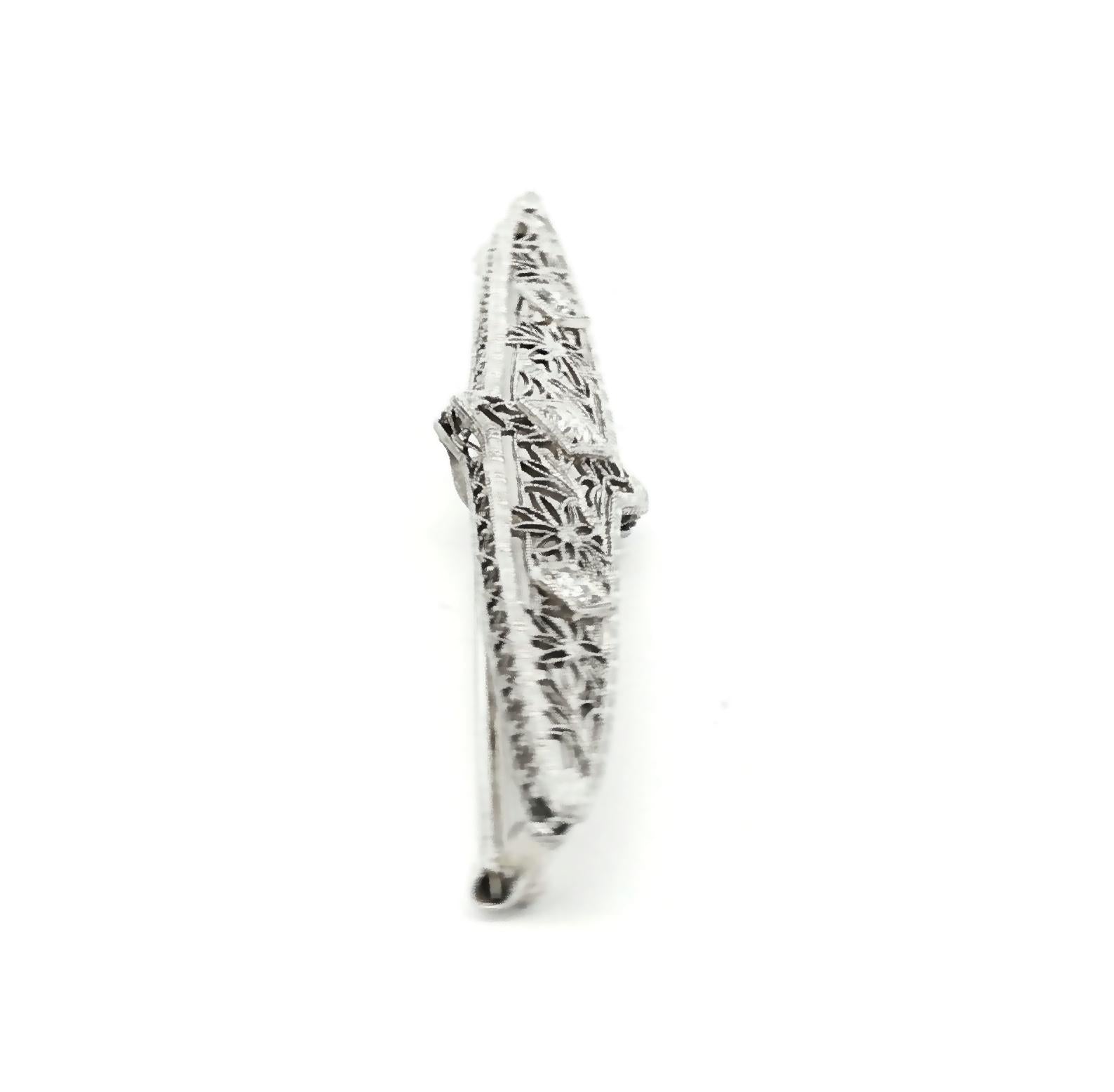 Edwardian 14k white gold Filigree Bar Pin with 3 Diamonds weighing .25 carats
