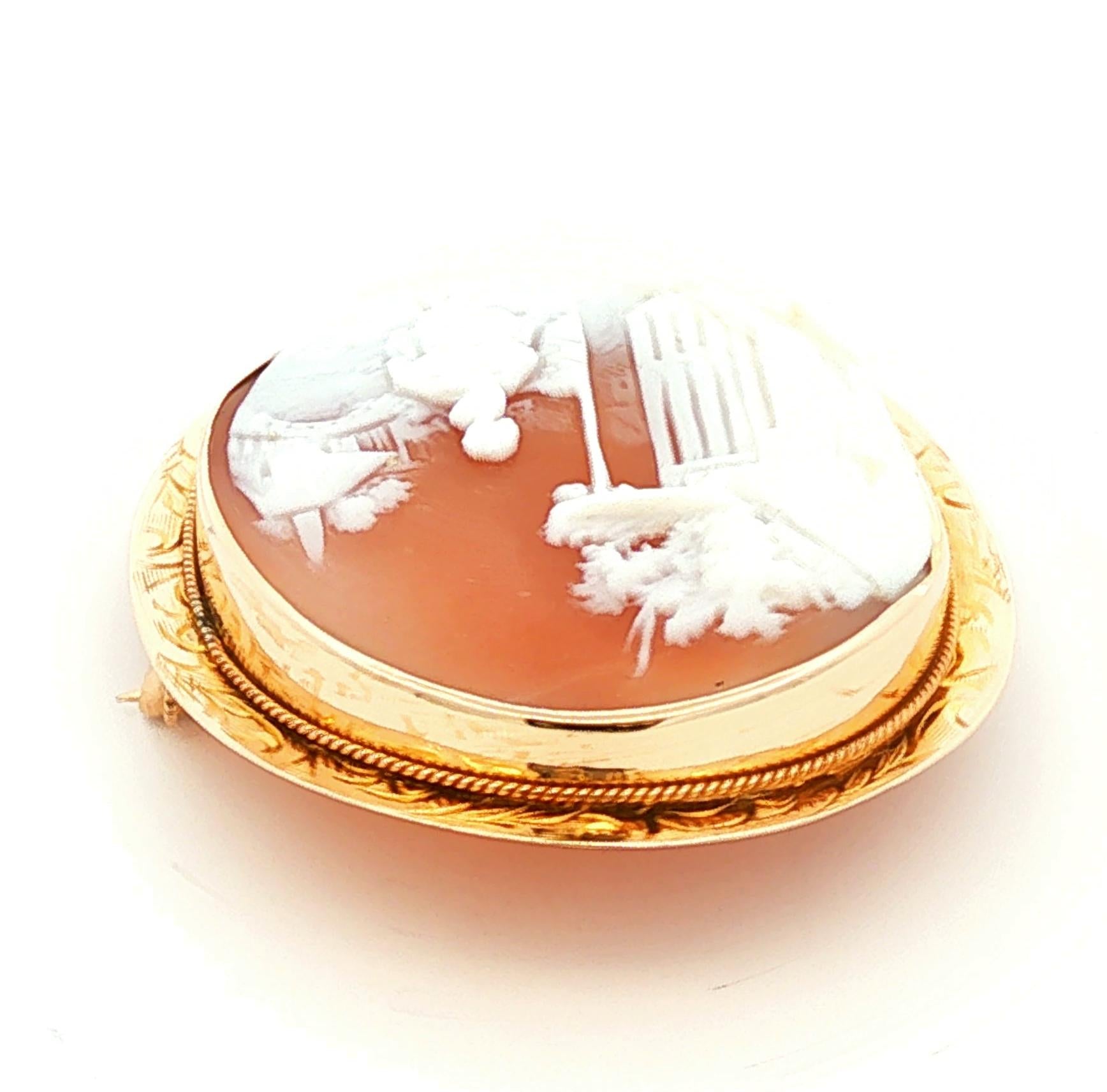 Vintage 10k yellow gold Village Scene Shell Cameo Brooch