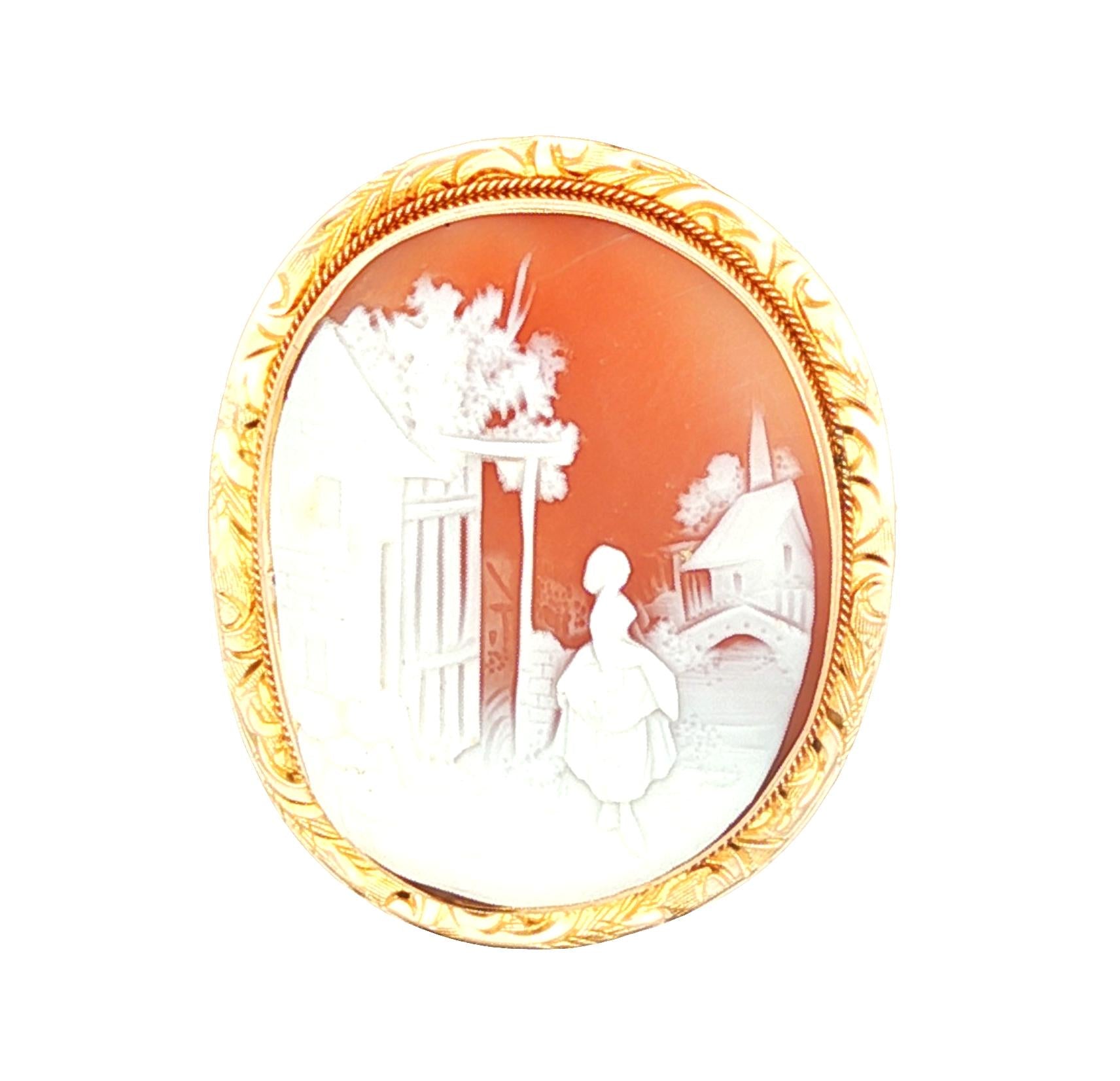 Vintage 10k yellow gold Village Scene Shell Cameo Brooch