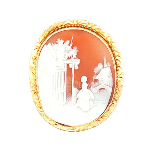 Vintage 10k yellow gold Village Scene Shell Cameo Brooch