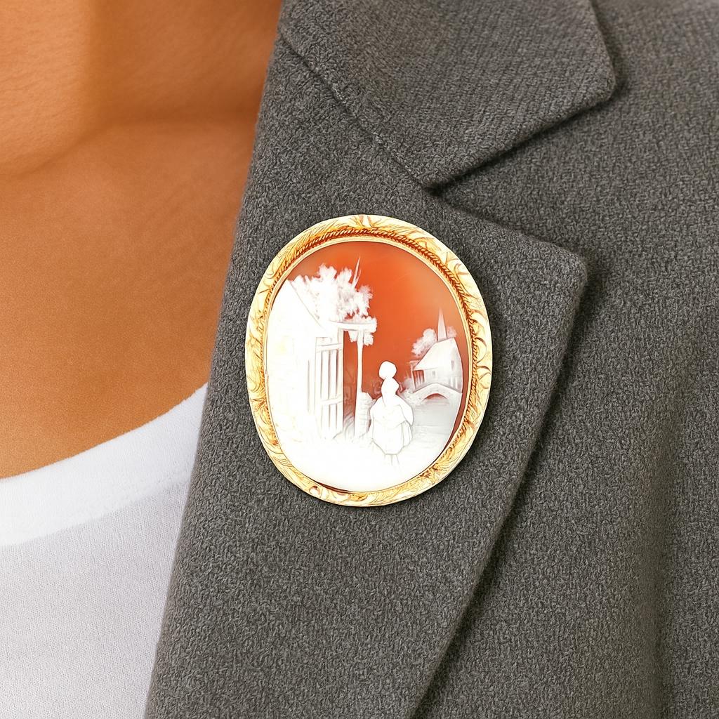 Vintage 10k yellow gold Village Scene Shell Cameo Brooch