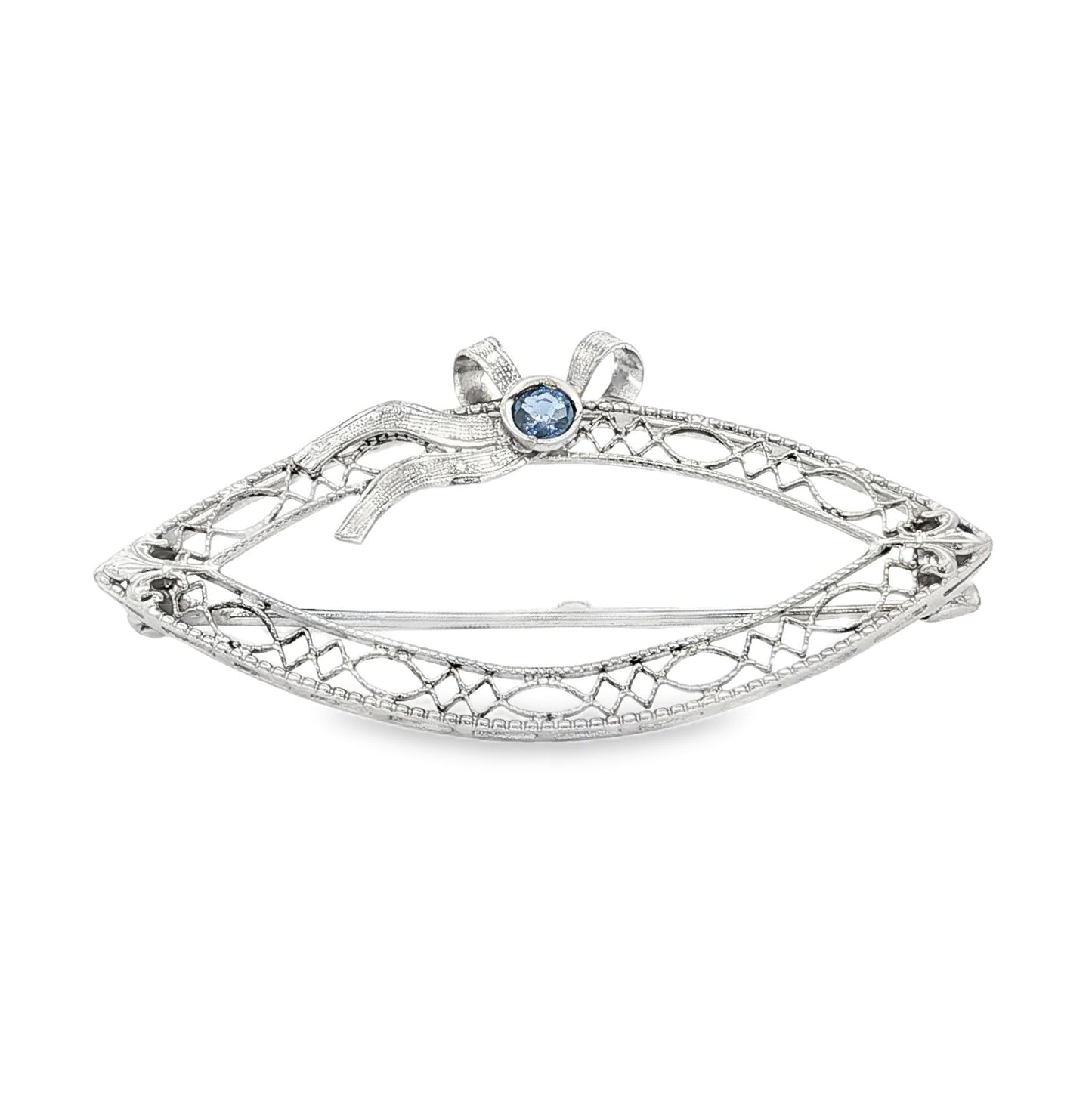 Depression Filigree Sapphire Navette Shaped 14k white gold Pin
