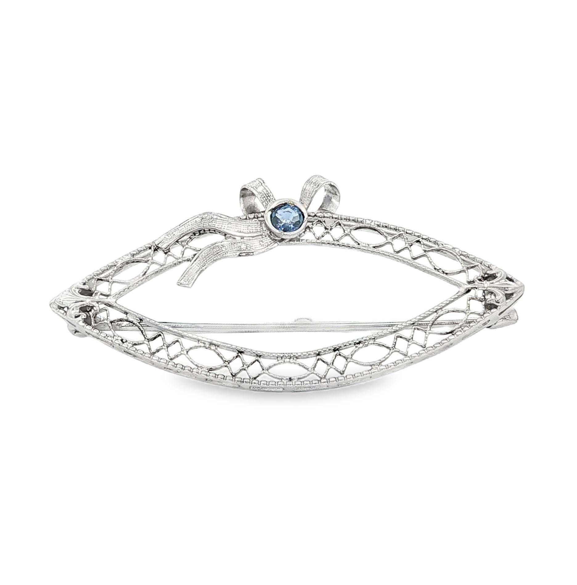 Depression Filigree Sapphire Navette Shaped 14k white gold Pin
