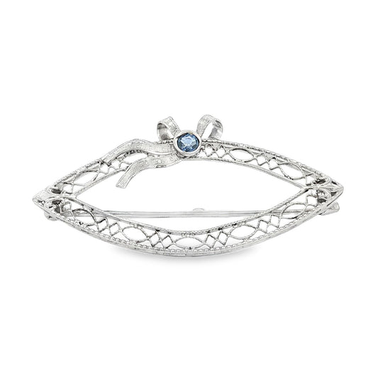 Depression Filigree Sapphire Navette Shaped 14k white gold Pin