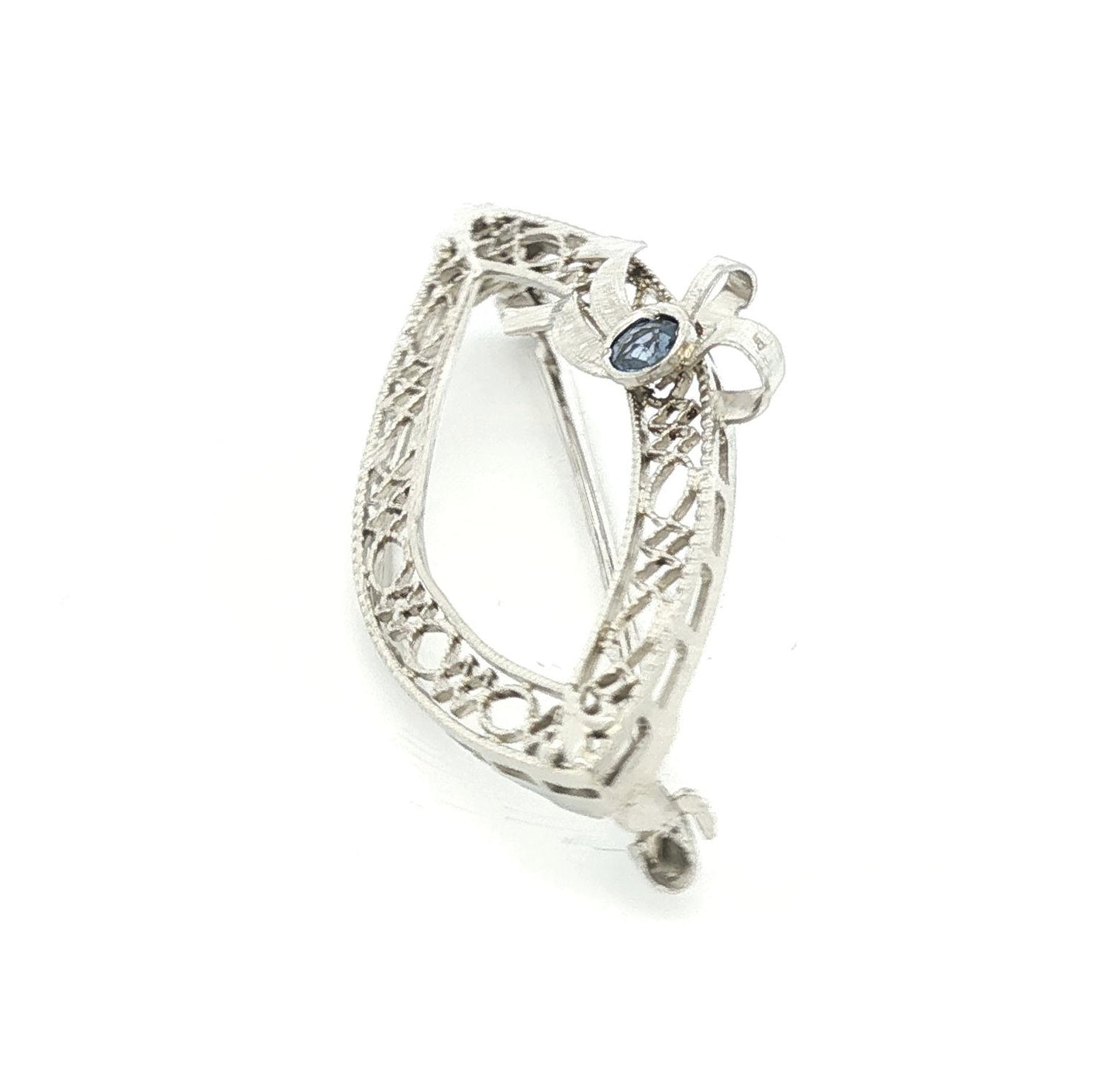 Depression Filigree Sapphire Navette Shaped 14k white gold Pin