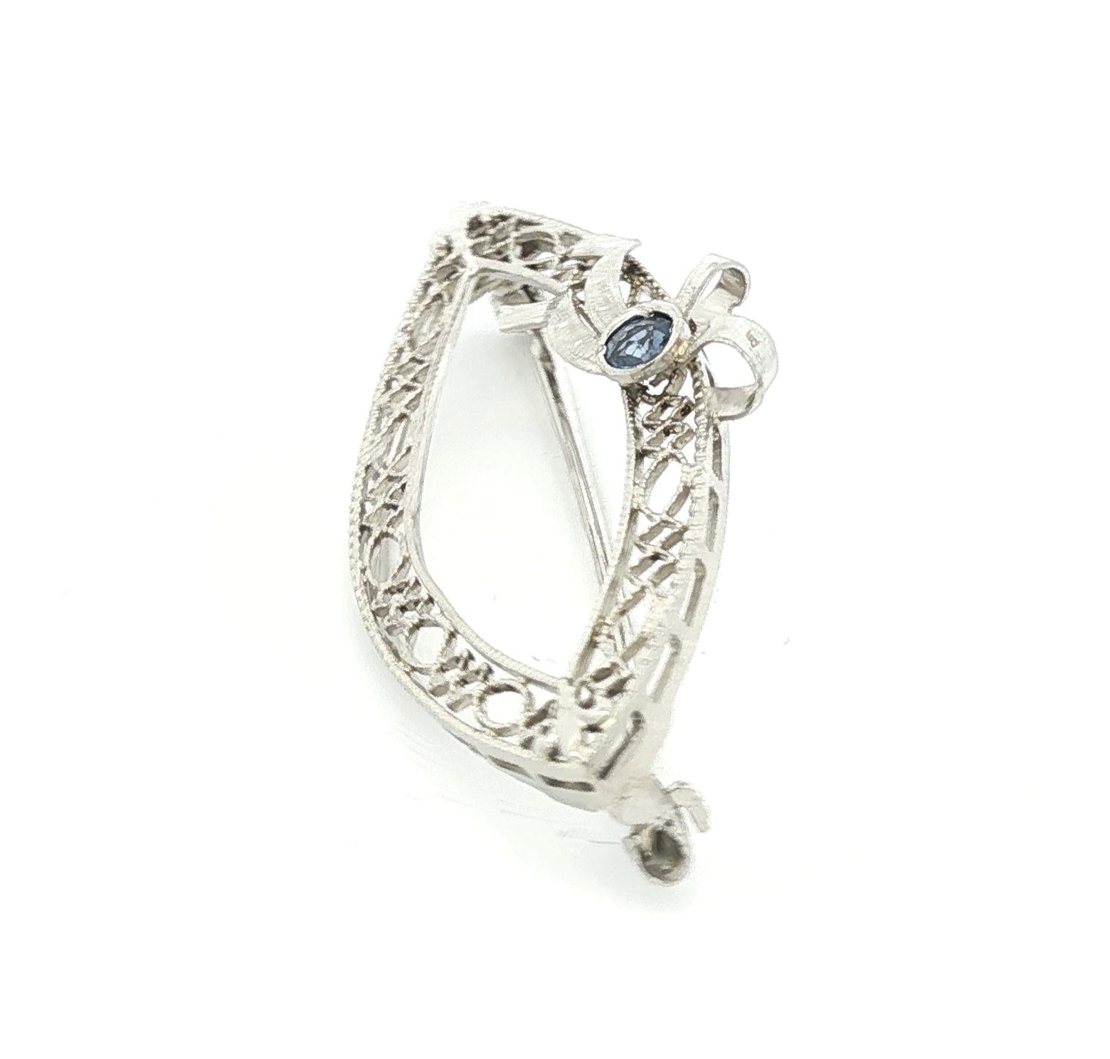 Depression Filigree Sapphire Navette Shaped 14k white gold Pin