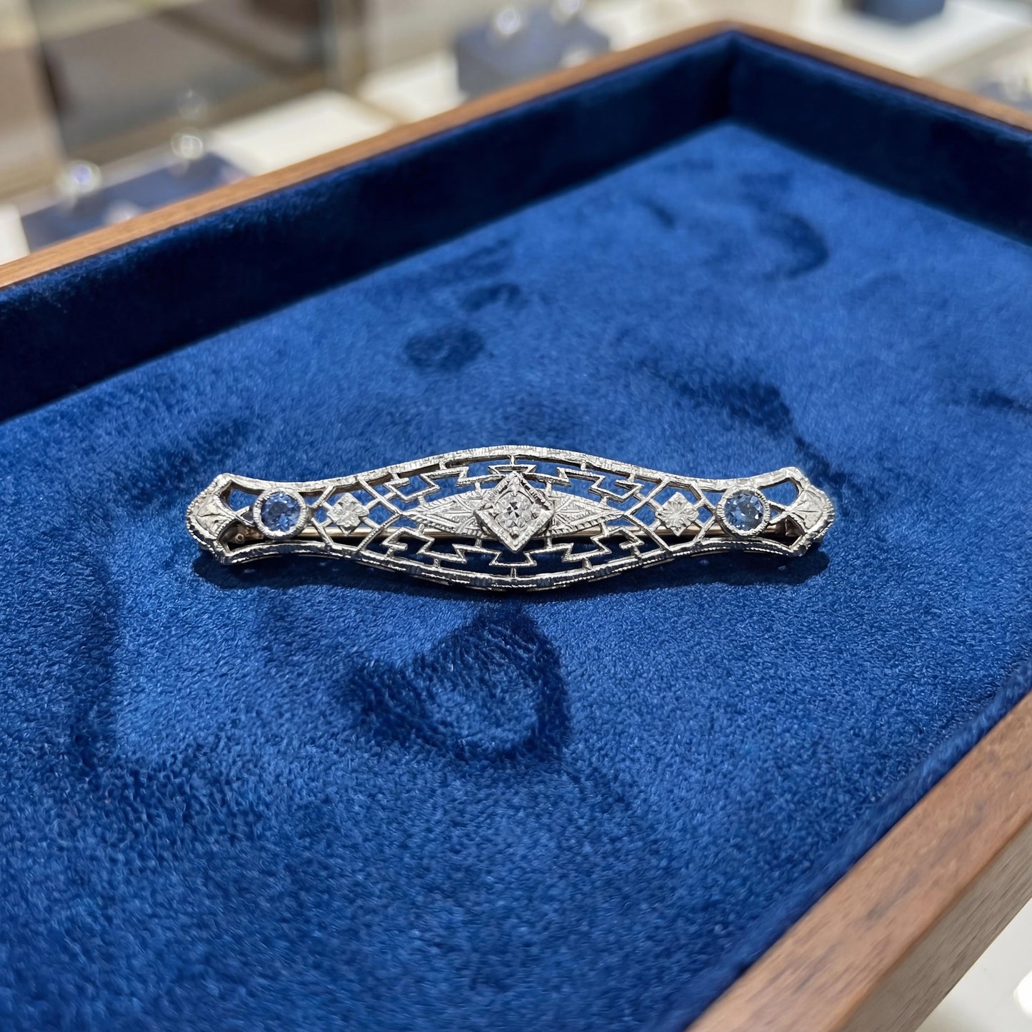 Vintage Krementz 14k two tone Filigree Sapphire and Diamond Lingerie Pin