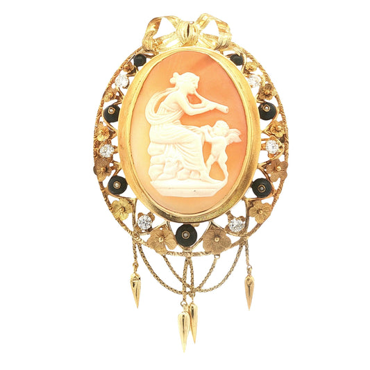 Vintage Goddess and Cherub Cameo with Diamonds, Enamel and Seed Pearls Pin