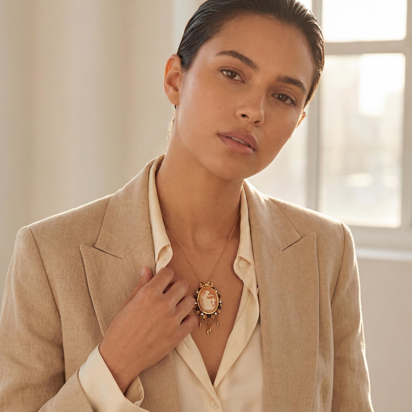 Vintage Goddess and Cherub Cameo with Diamonds, Enamel and Seed Pearls Pin