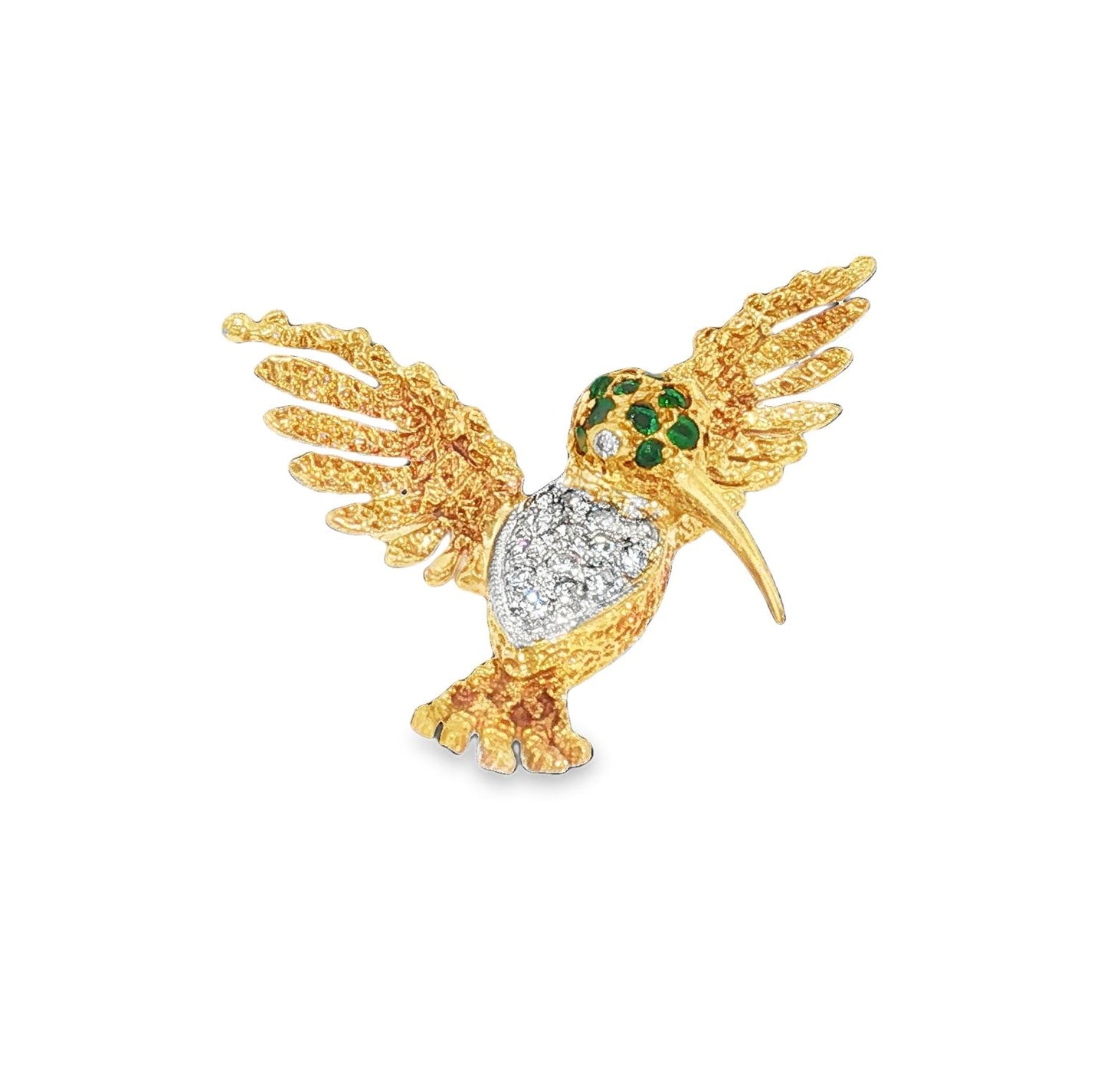 Mid-Century 18k yellow gold Emerald and Diamond Hummingbird Pin