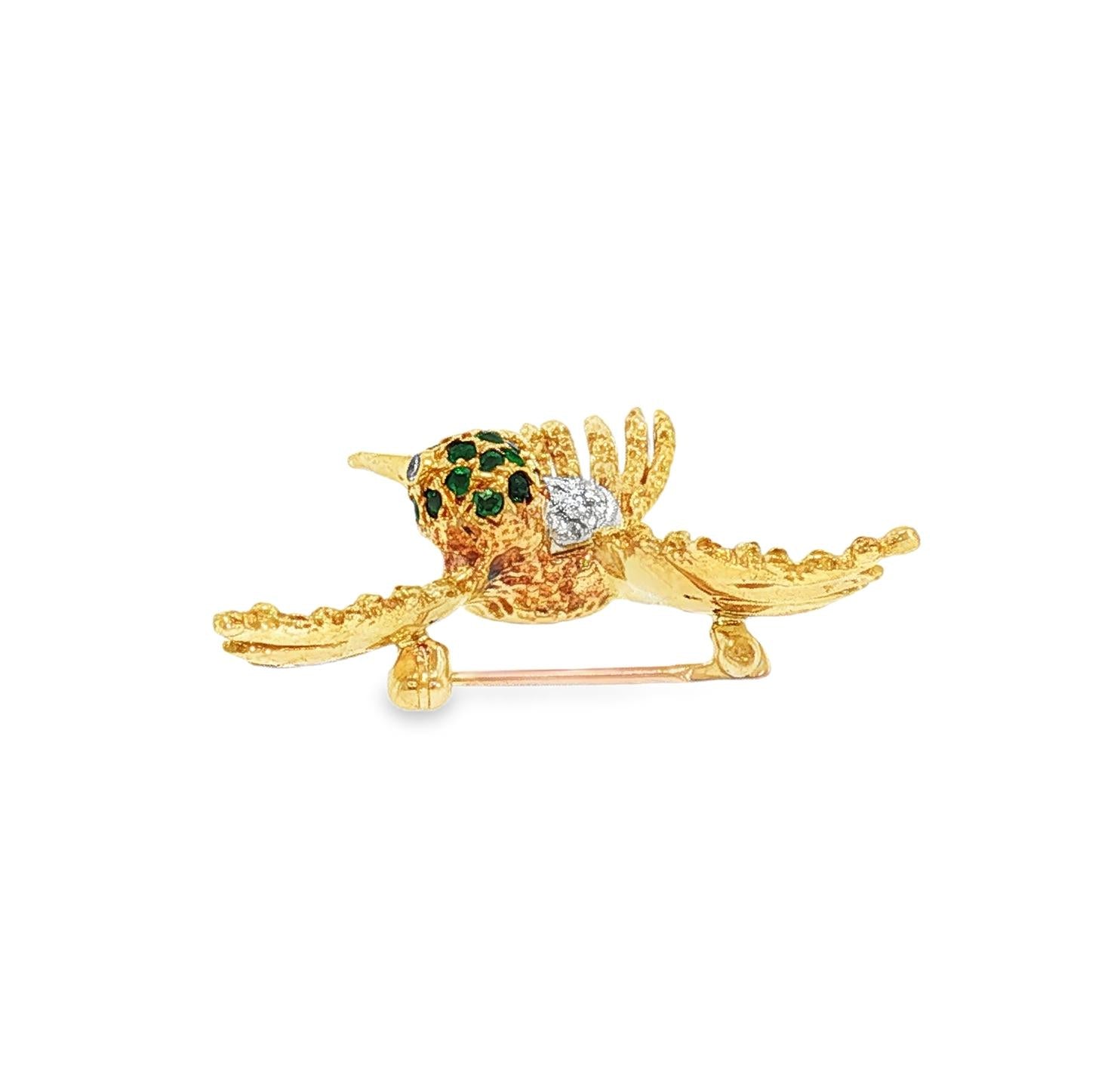 Mid-Century 18k yellow gold Emerald and Diamond Hummingbird Pin