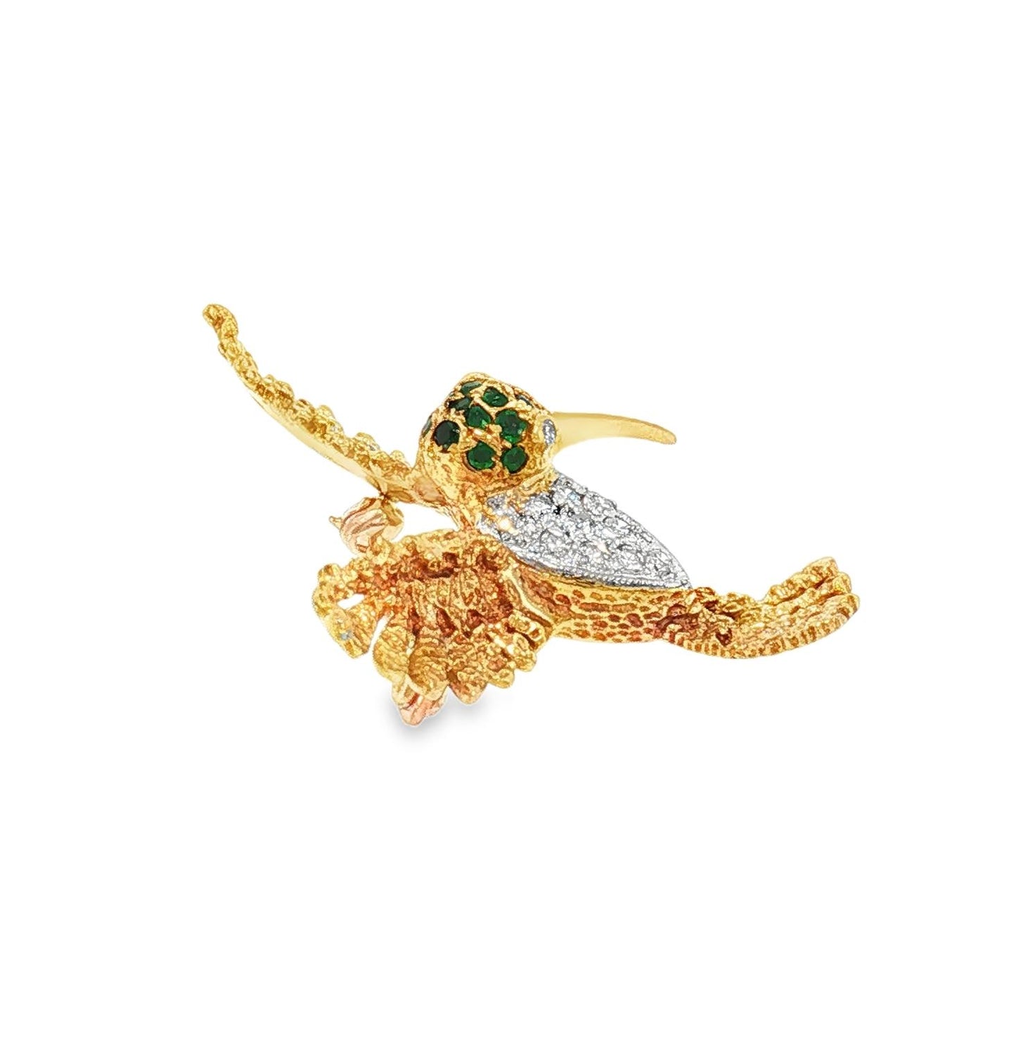 Mid-Century 18k yellow gold Emerald and Diamond Hummingbird Pin