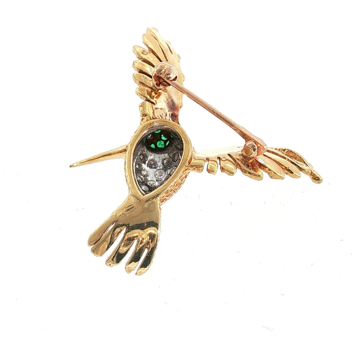 Mid-Century 18k yellow gold Emerald and Diamond Hummingbird Pin
