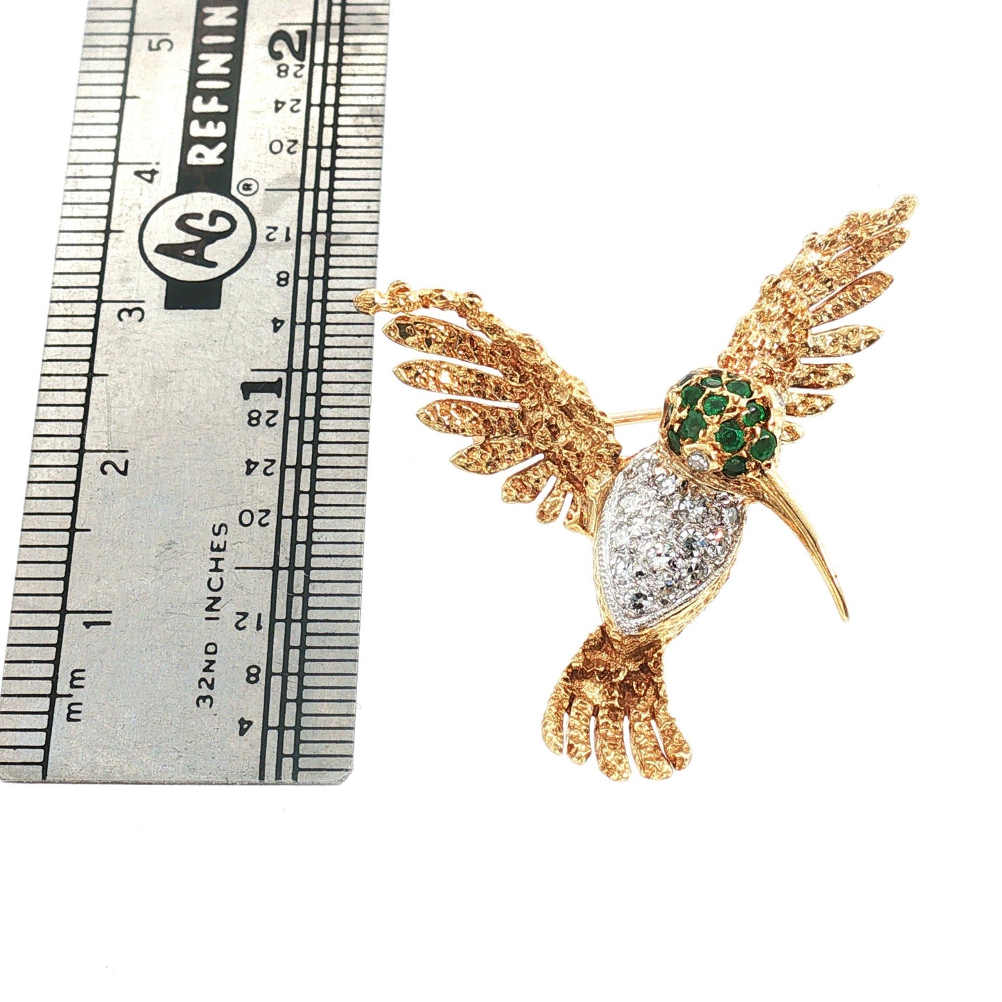 Mid-Century 18k yellow gold Emerald and Diamond Hummingbird Pin