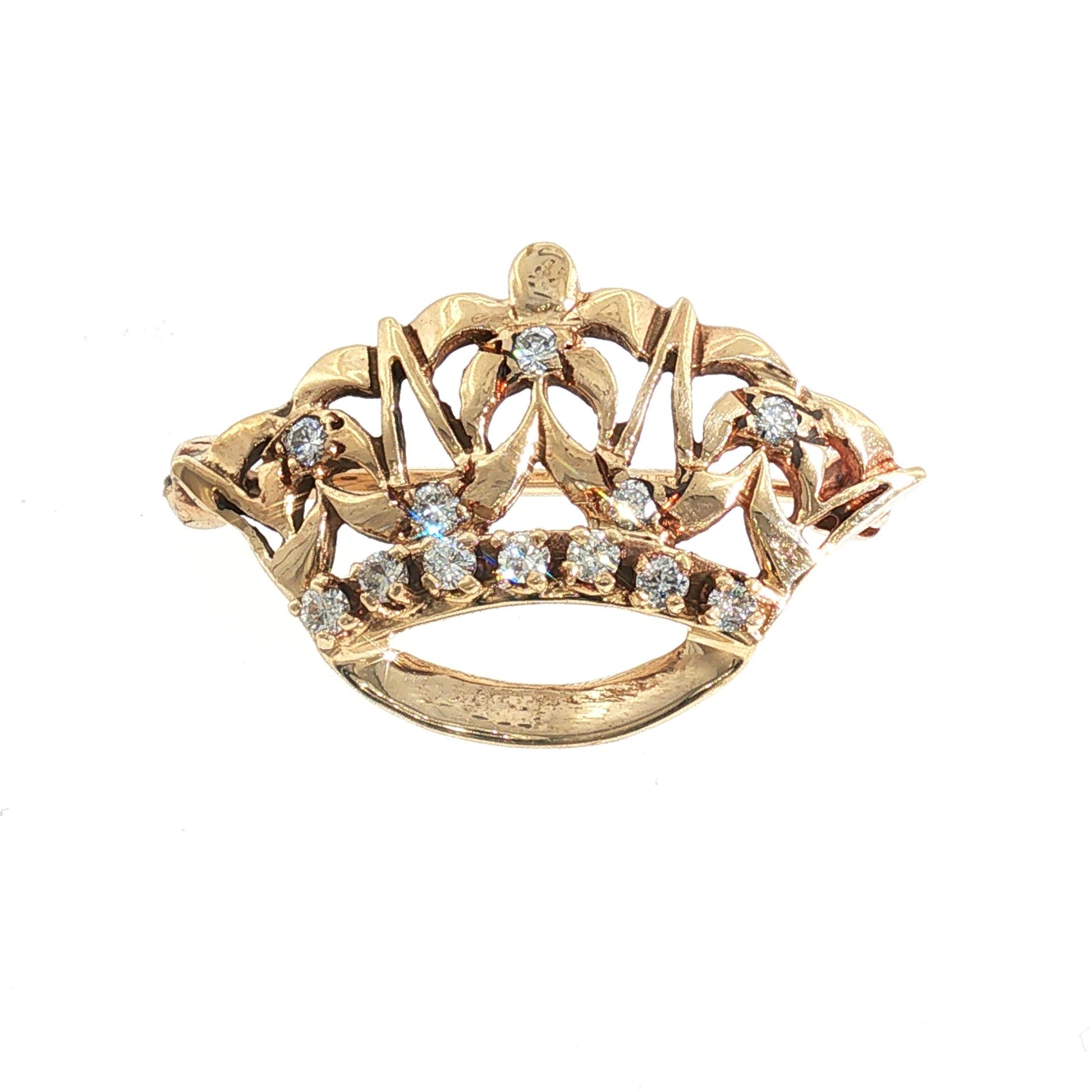 Mid Century 14k Yellow Gold Natural Diamond Crown Pin