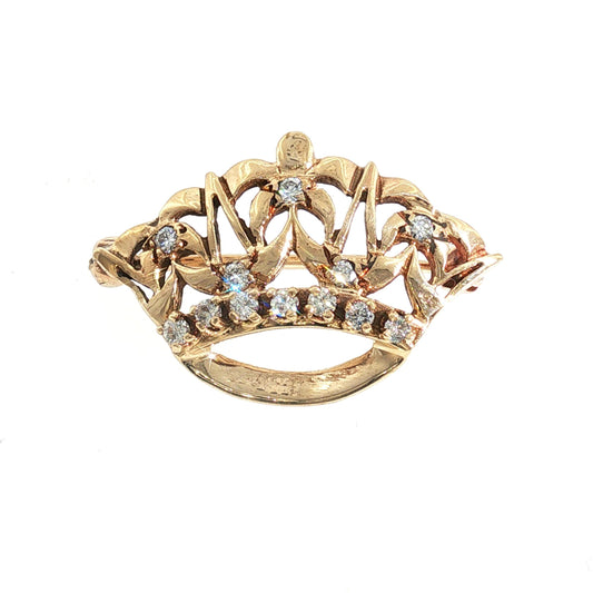 Mid Century 14k Yellow Gold Natural Diamond Crown Pin