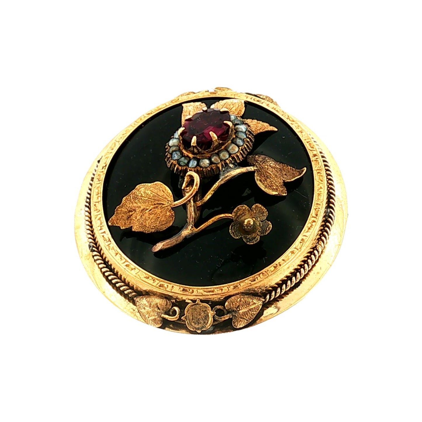 Victorian 10k Yellow Gold Black Onyx, Garnet and Seed Pearl Floral Brooch