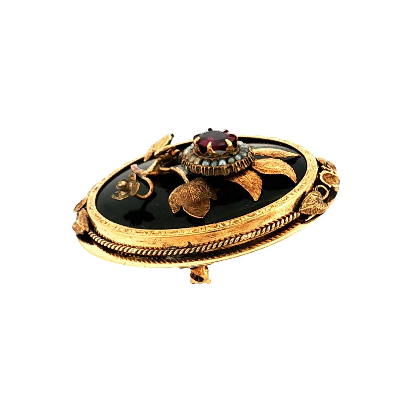 Victorian 10k Yellow Gold Black Onyx, Garnet and Seed Pearl Floral Brooch
