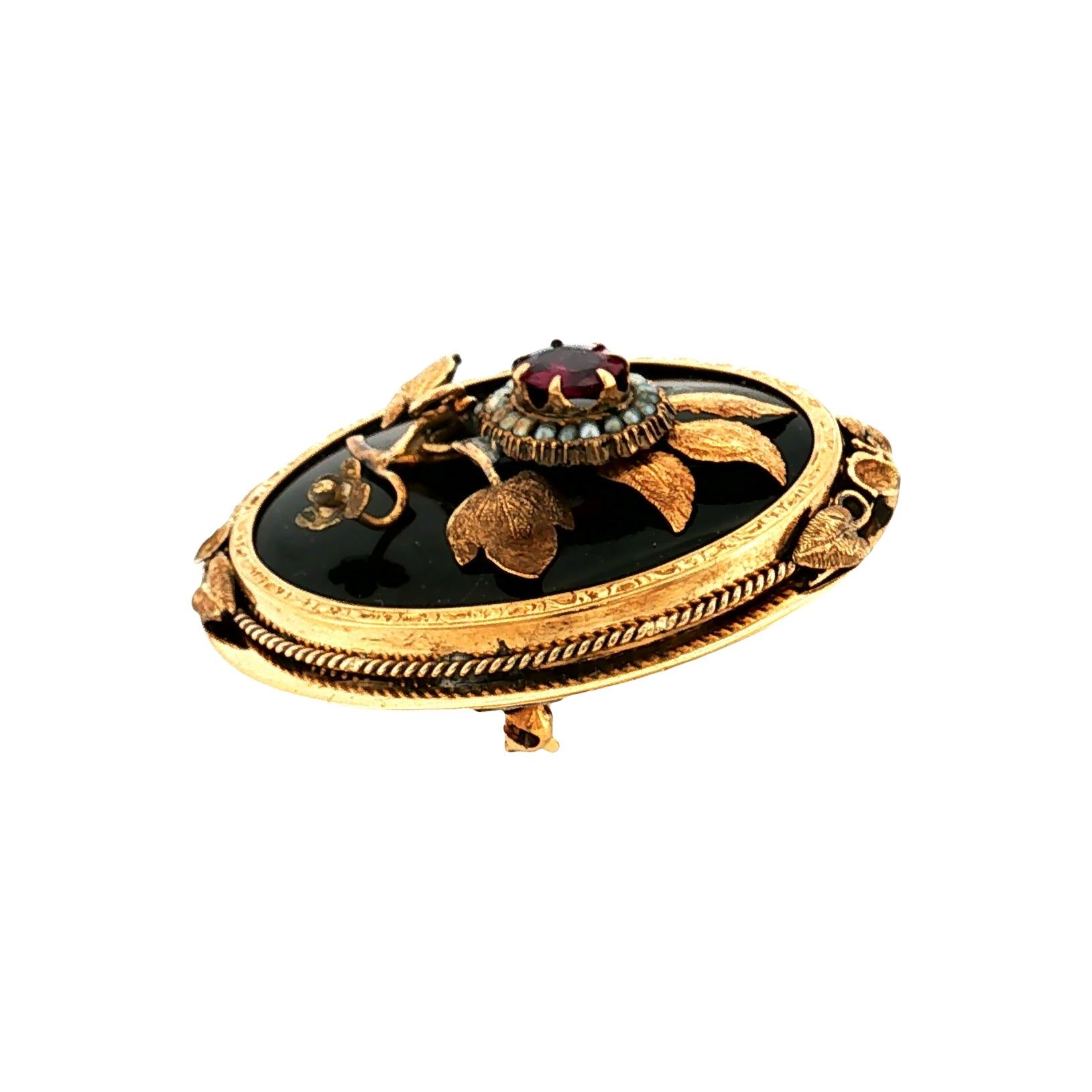 Victorian 10k Yellow Gold Black Onyx, Garnet and Seed Pearl Floral Brooch