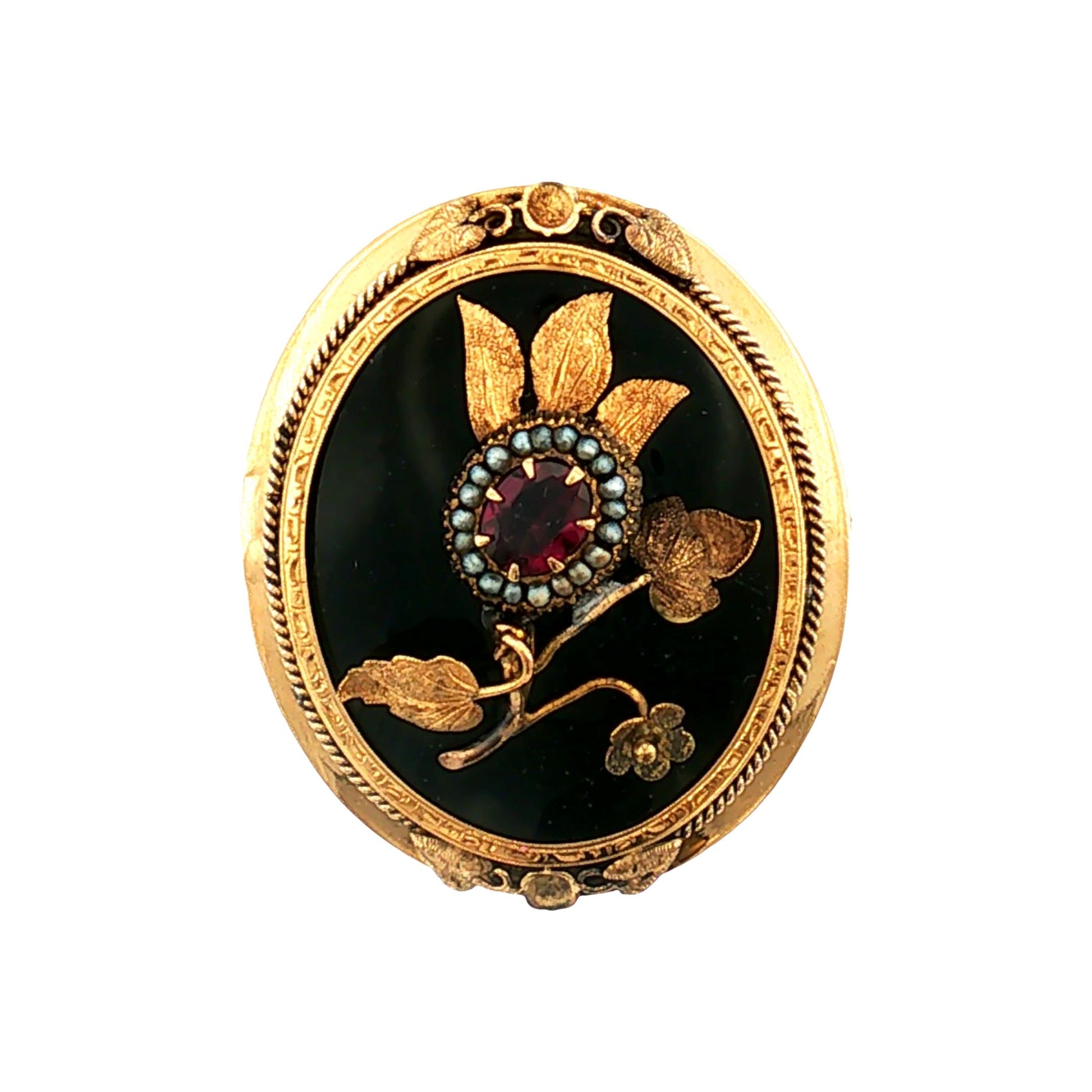 Victorian 10k Yellow Gold Black Onyx, Garnet and Seed Pearl Floral Brooch