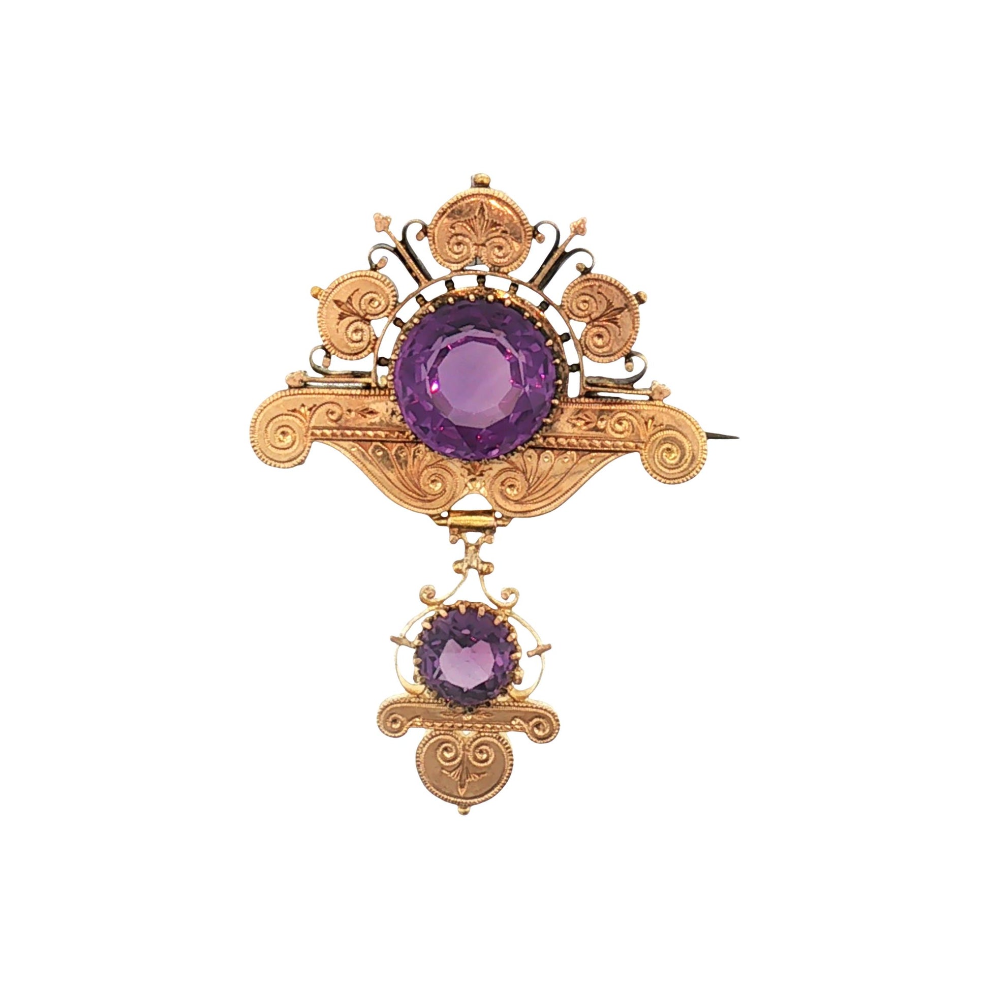 Late Victorian 14k Yellow Gold Hand Engraved Amethyst Brooch