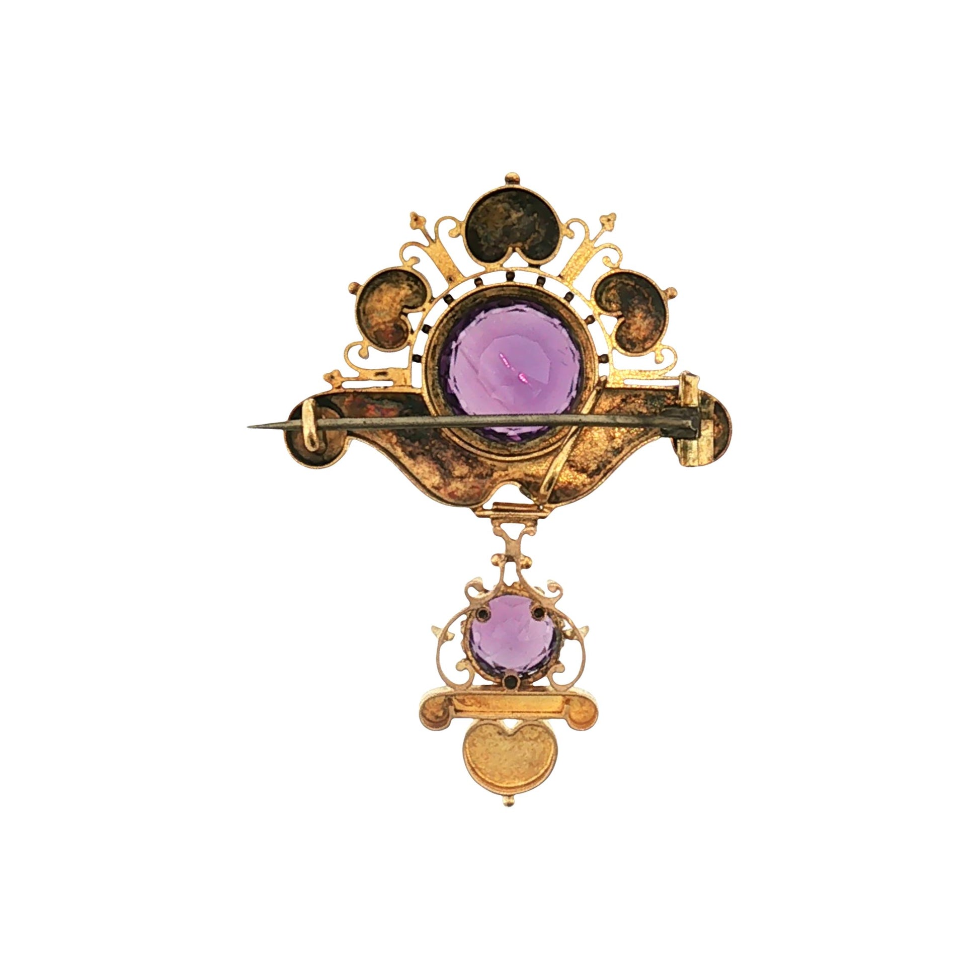 Late Victorian 14k Yellow Gold Hand Engraved Amethyst Brooch