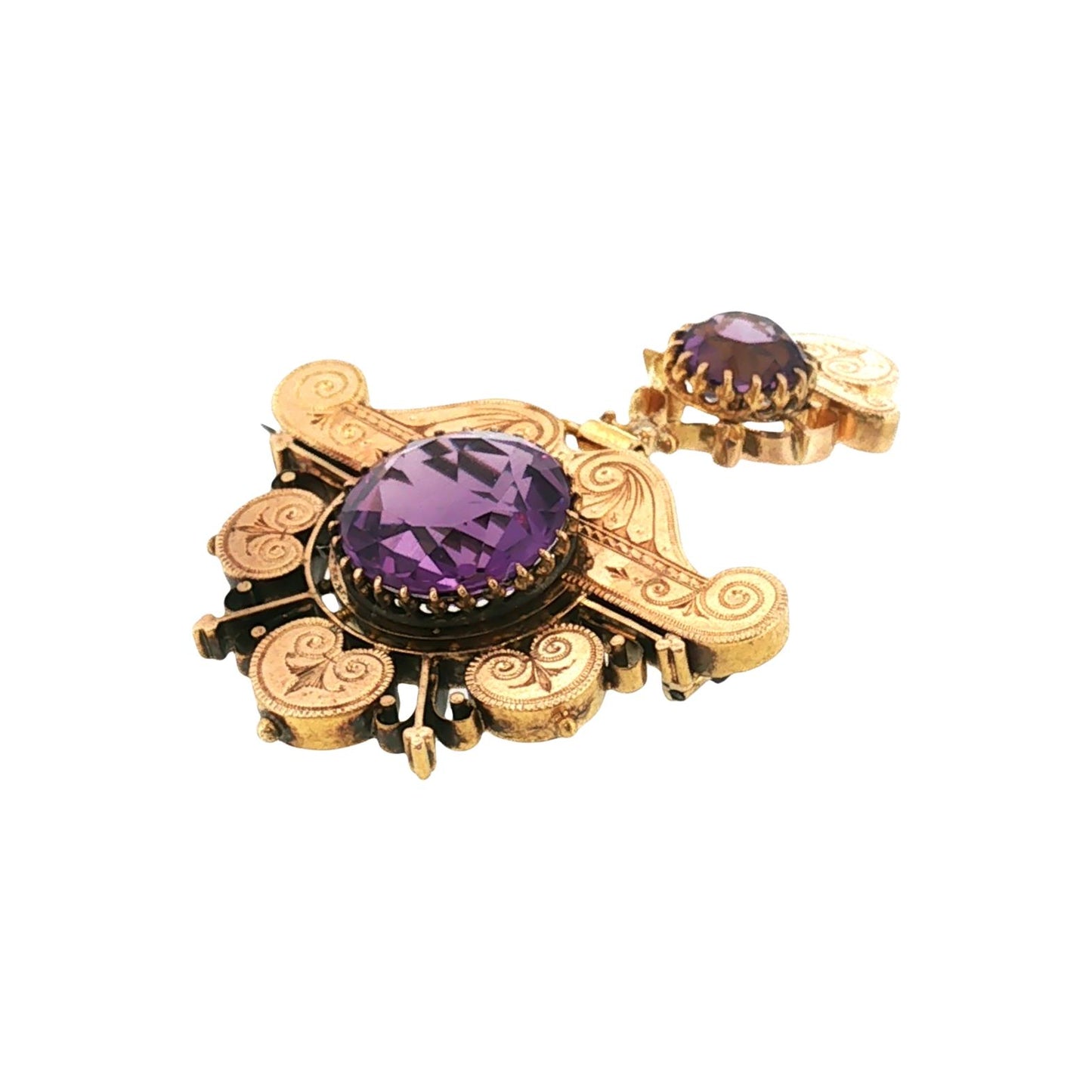 Late Victorian 14k Yellow Gold Hand Engraved Amethyst Brooch