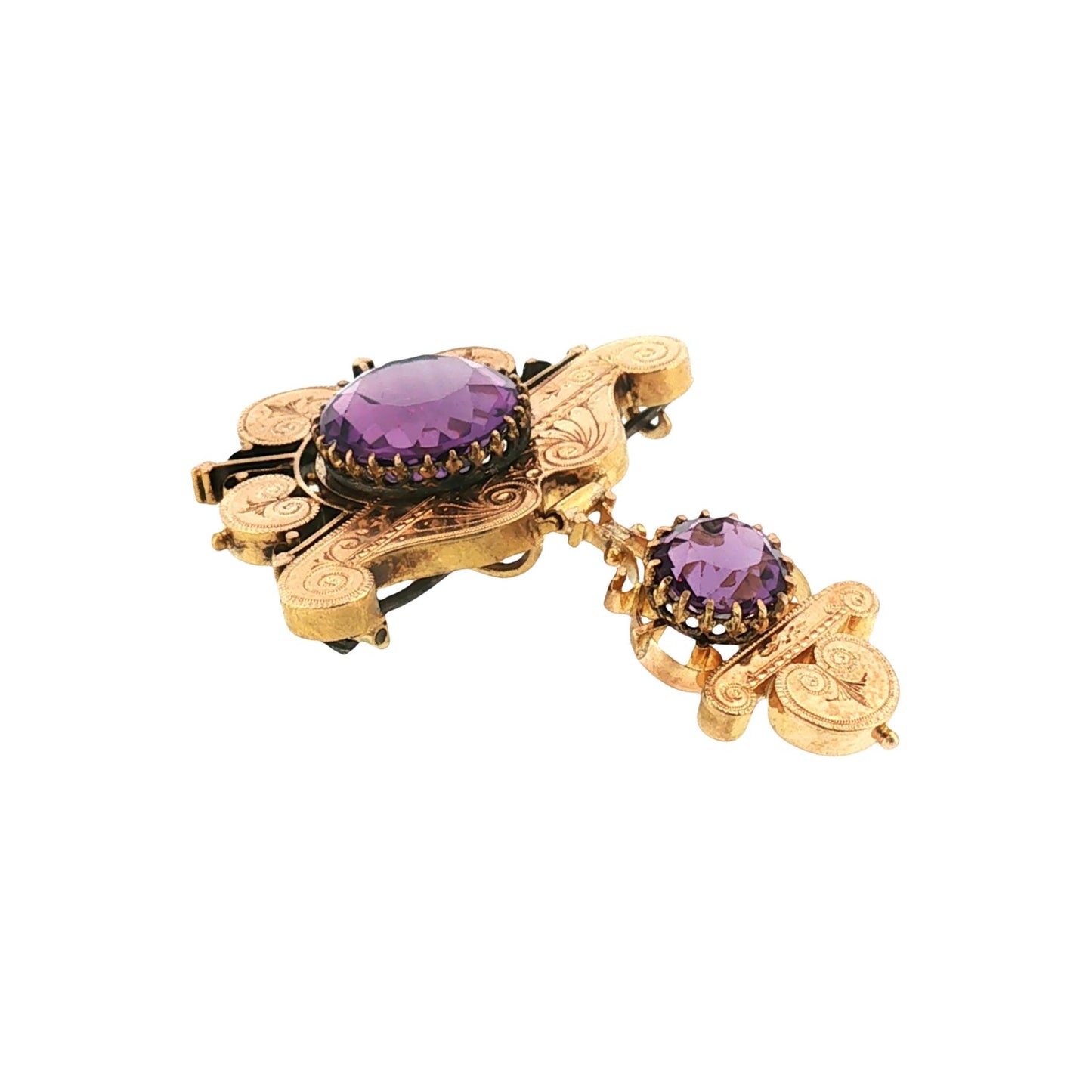 Late Victorian 14k Yellow Gold Hand Engraved Amethyst Brooch