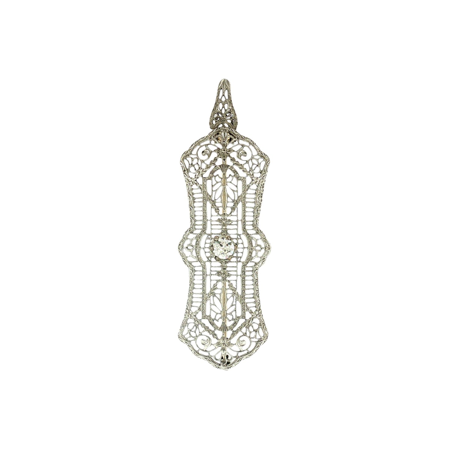 1930's Platinum and 14k White Gold Diamond Filigree Pin/ Pendant