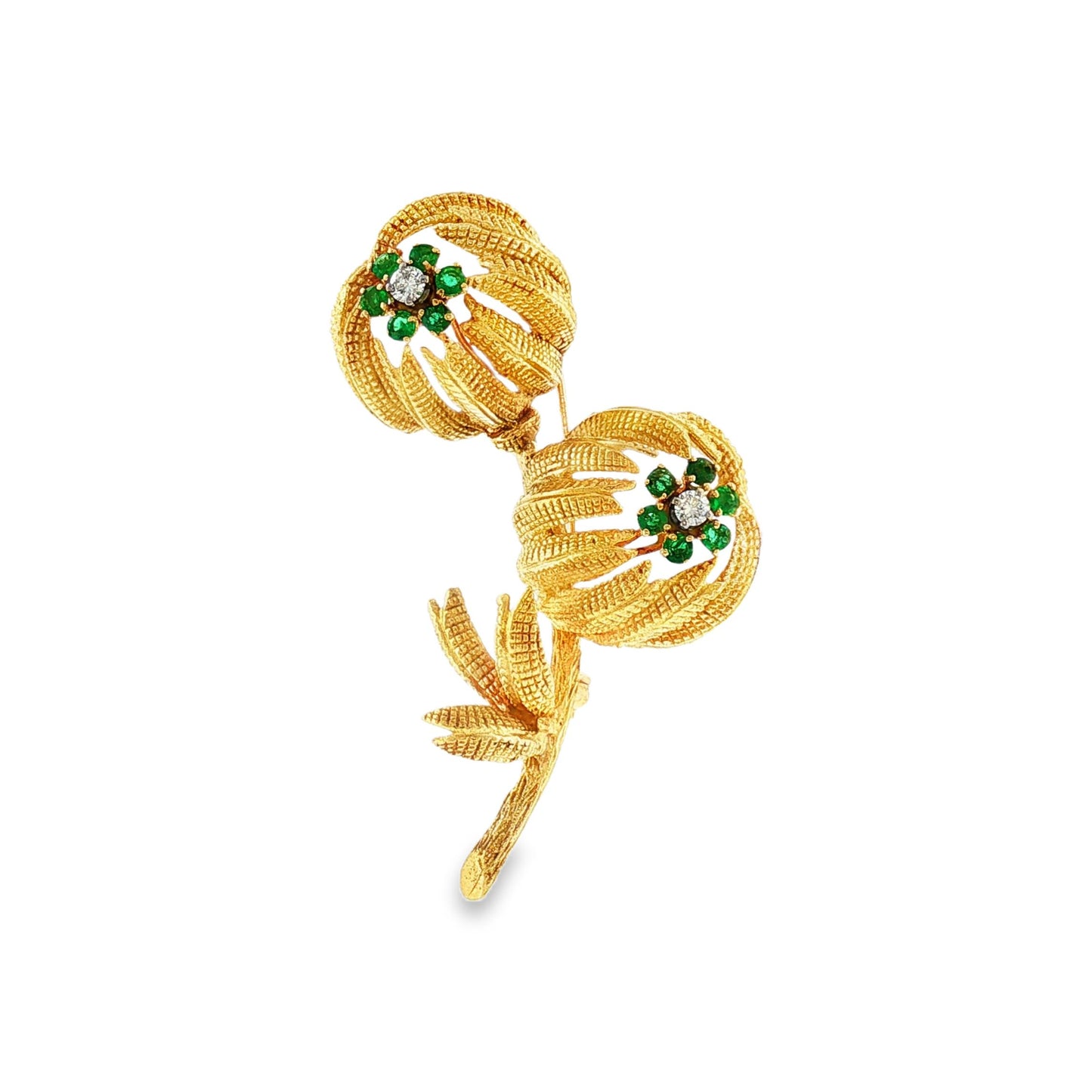 Mid-Century 18kyg Emerald and Diamond Textured Flower Pin