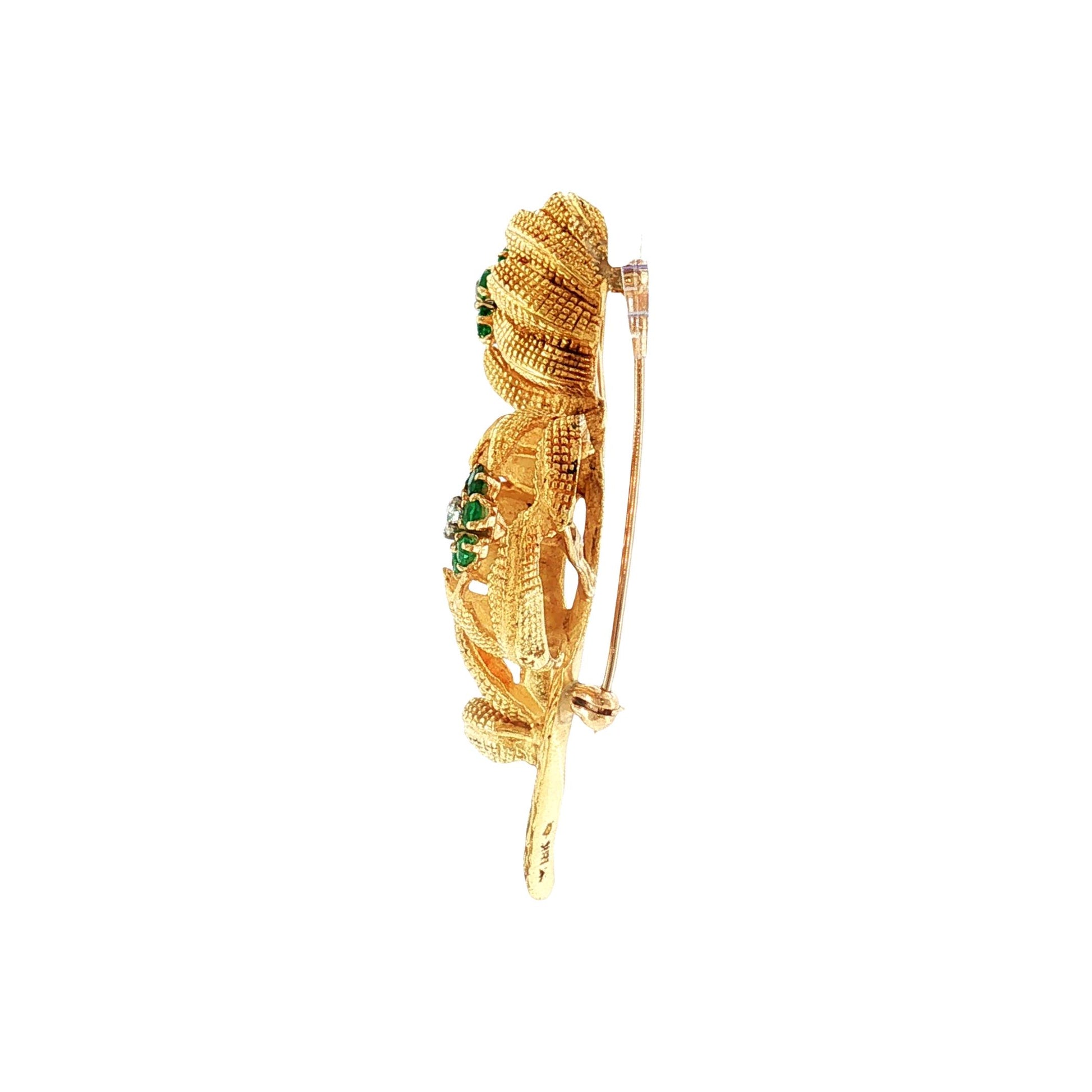 Mid-Century 18kyg Emerald and Diamond Textured Flower Pin