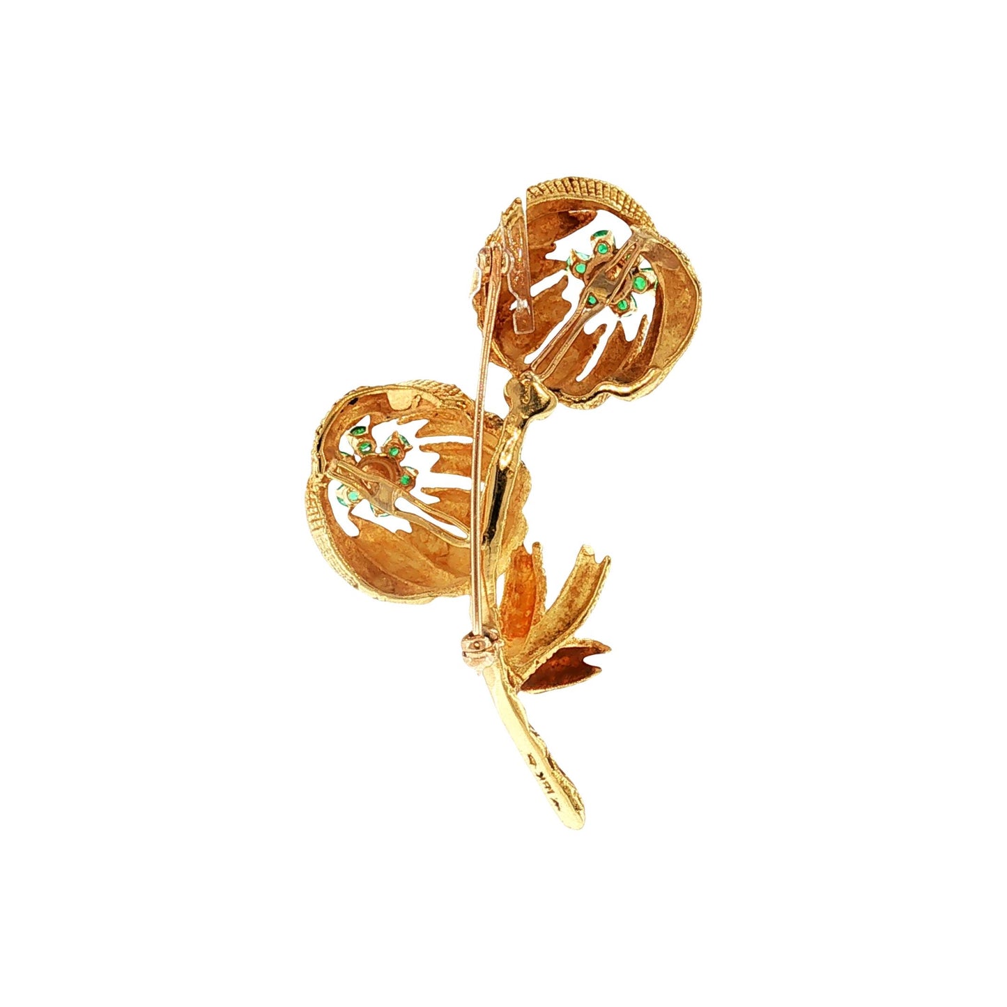 Mid-Century 18kyg Emerald and Diamond Textured Flower Pin