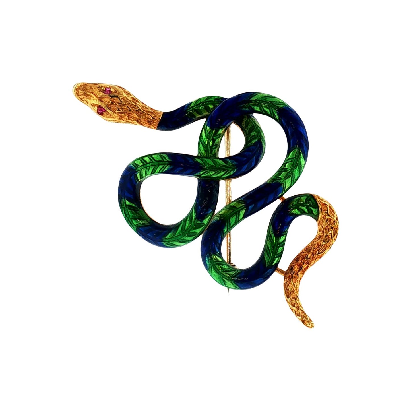 Mid-Century 18k Blue and Green Enameled Snake Pin
