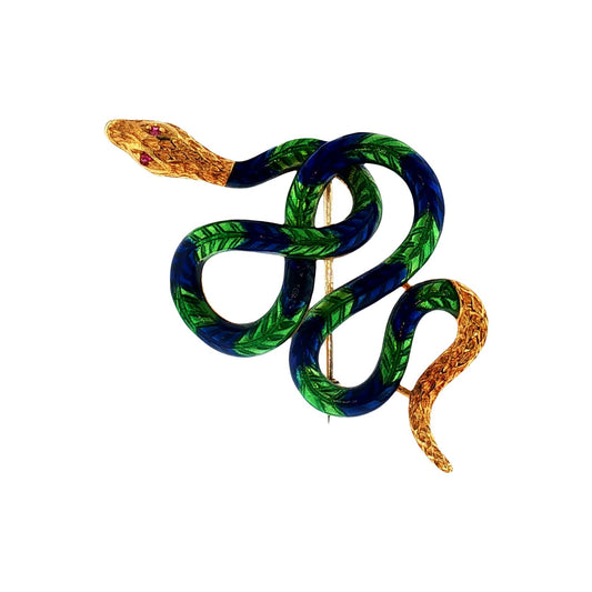 Mid-Century 18k Blue and Green Enameled Snake Pin