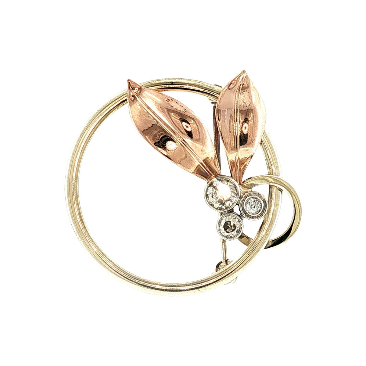 1940s 10 Karat Forstner 3 Diamond Circle and Leaf Brooch