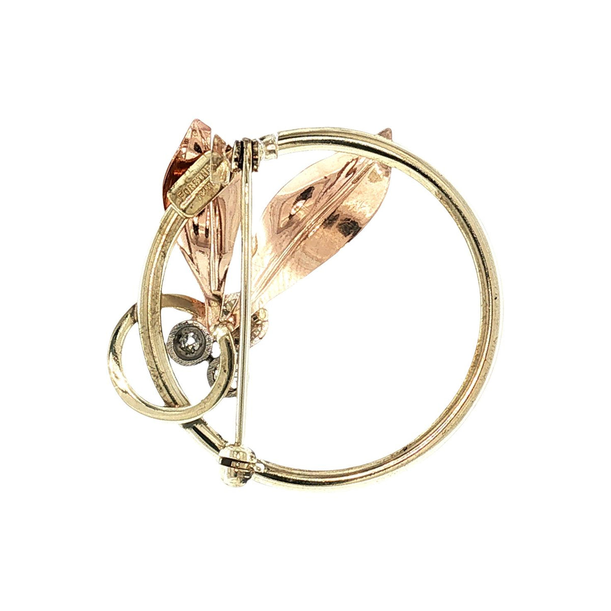 1940s 10 Karat Forstner 3 Diamond Circle and Leaf Brooch