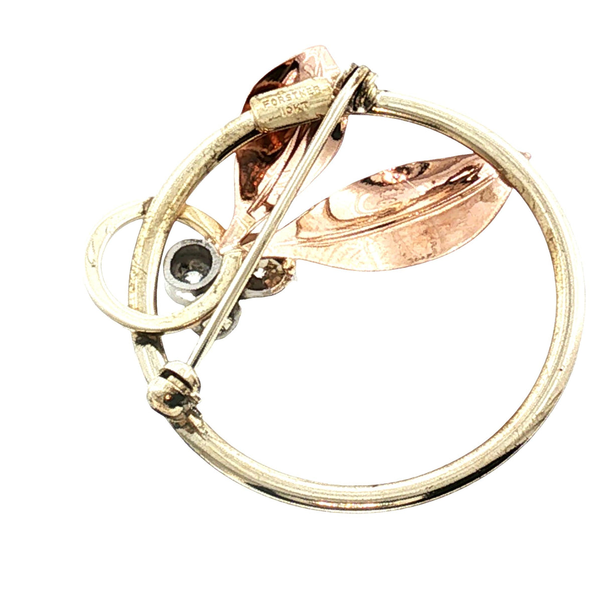 1940s 10 Karat Forstner 3 Diamond Circle and Leaf Brooch