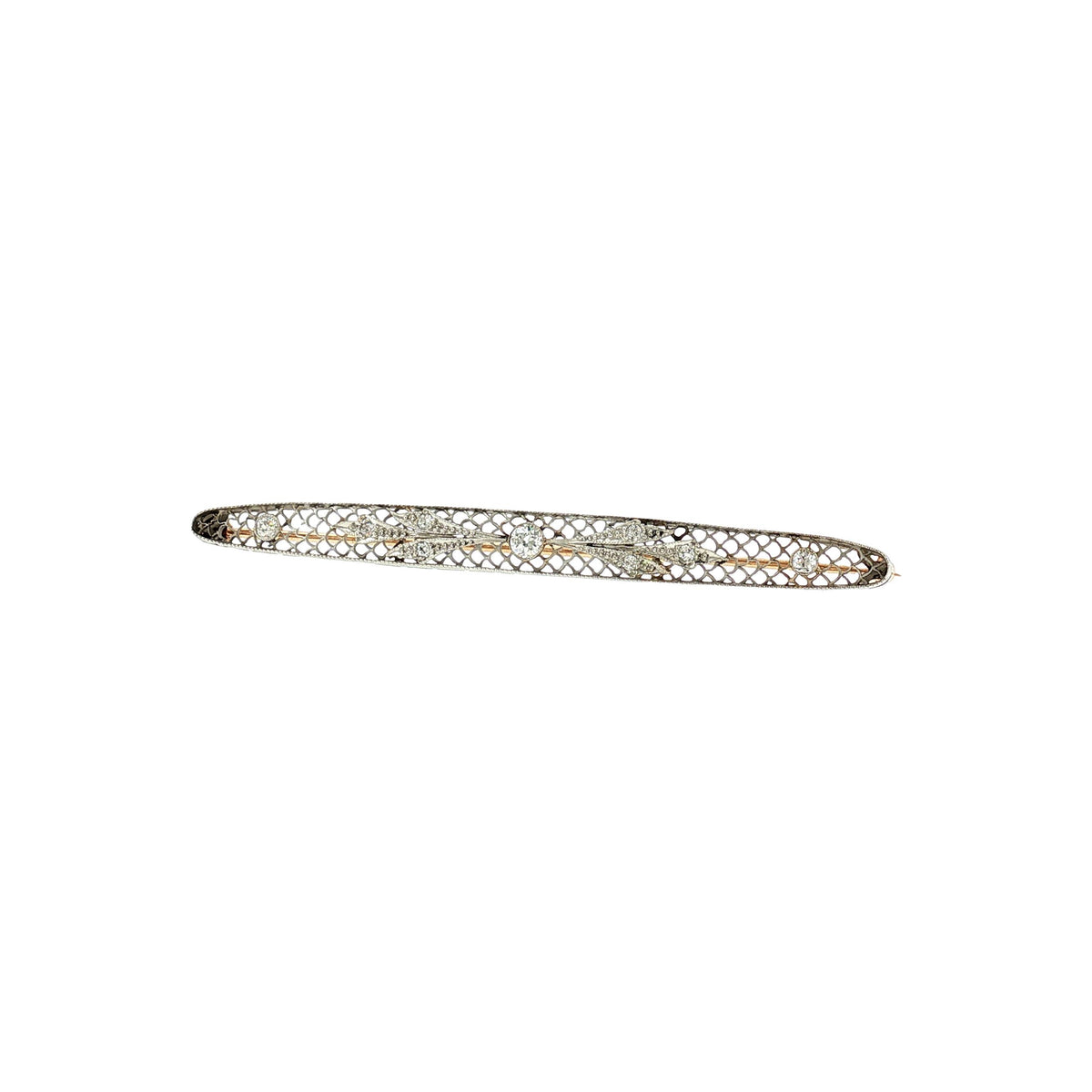 Early 20th-Century Platinum Over Gold 9 Diamond Filigree Bar Pin
