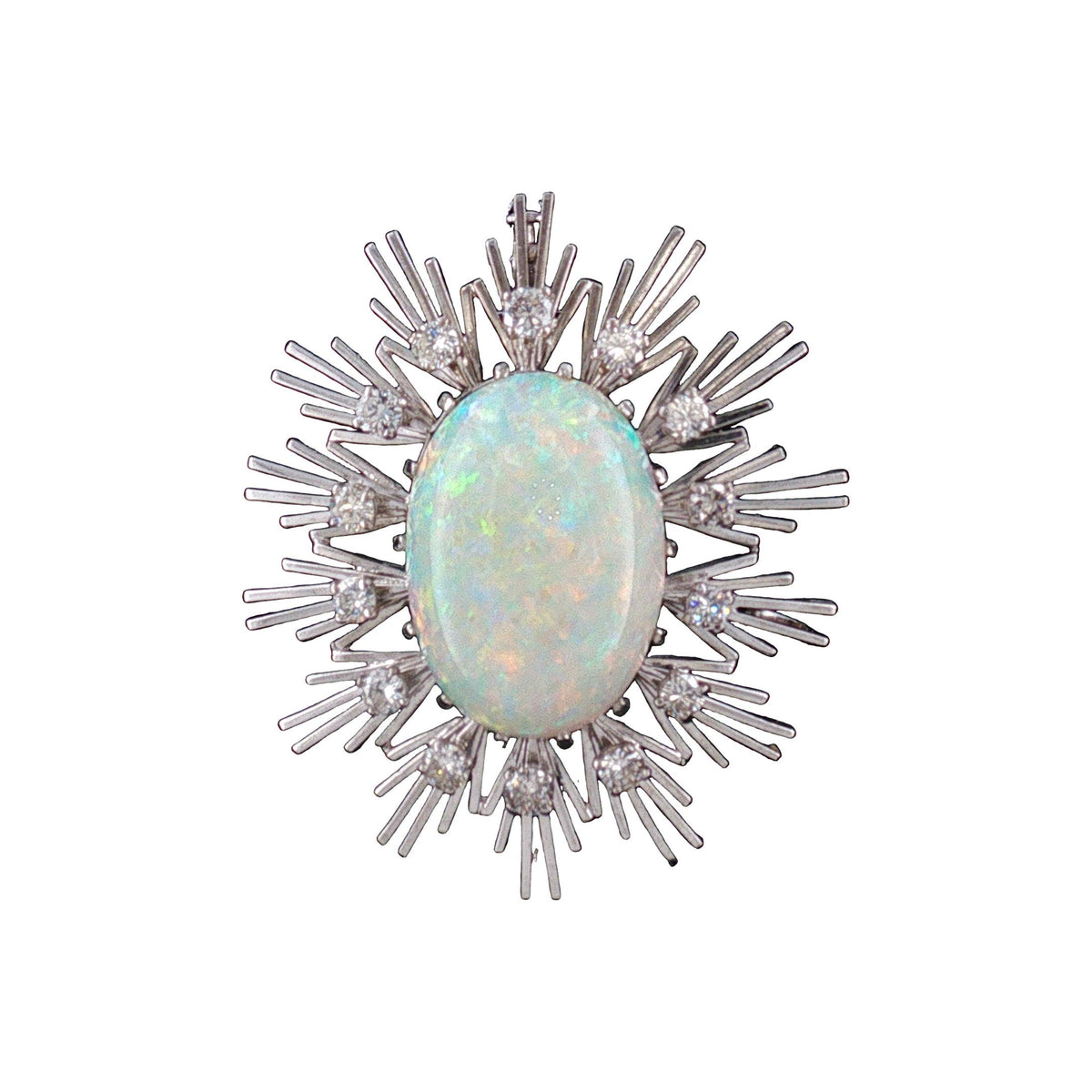 1960s 18 Karat White Gold 10 Carat Fine White Opal and Diamond Pin/ Pendant