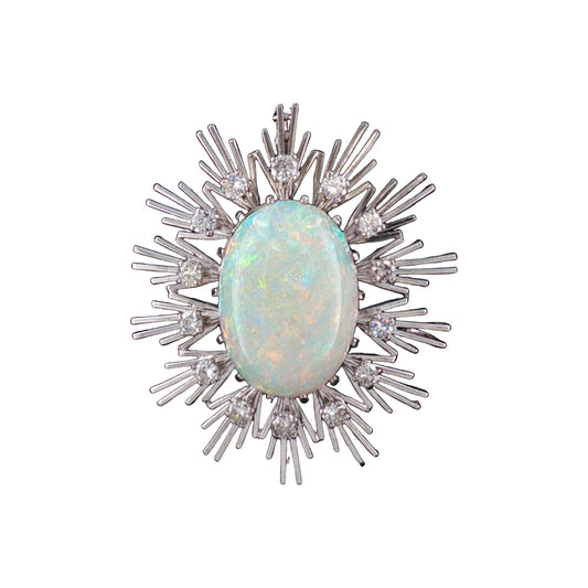 1960s 18 Karat White Gold 10 Carat Fine White Opal and Diamond Pin/ Pendant