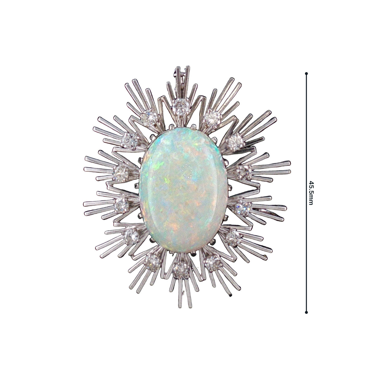 1960s 18 Karat White Gold 10 Carat Fine White Opal and Diamond Pin/ Pendant