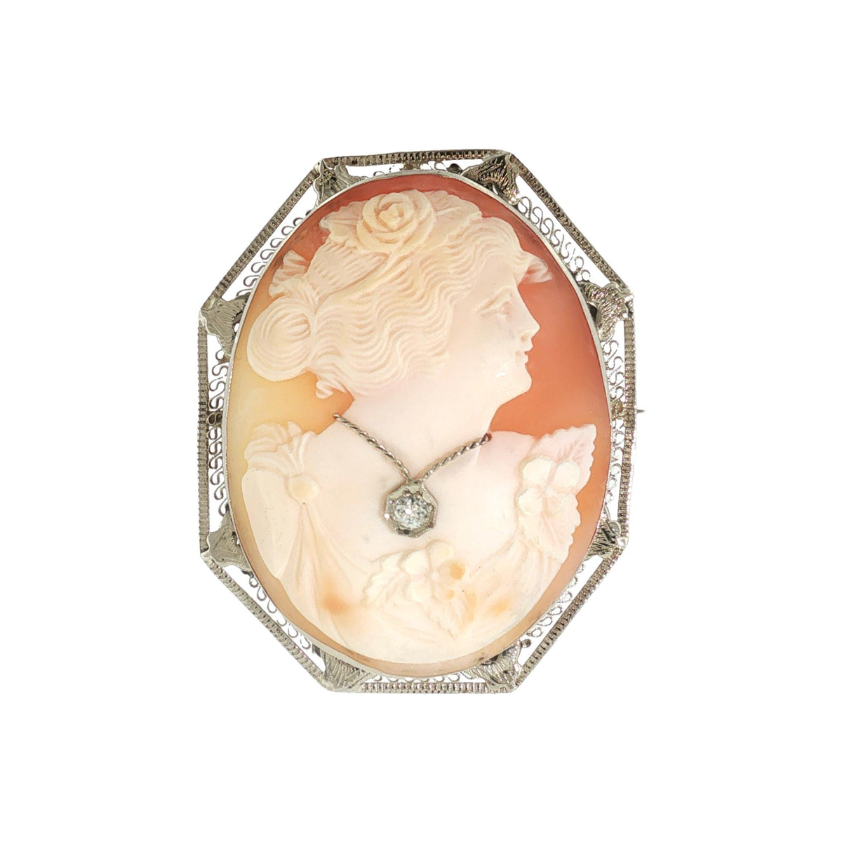 1930s 14 Karat White Gold Habille Shell Cameo Brooch