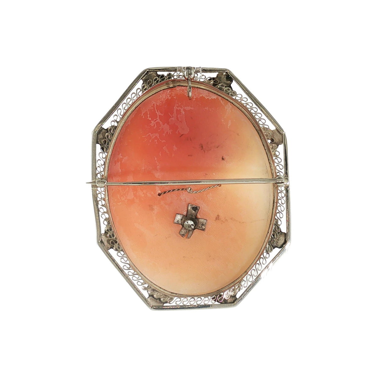 1930s 14 Karat White Gold Habille Shell Cameo Brooch