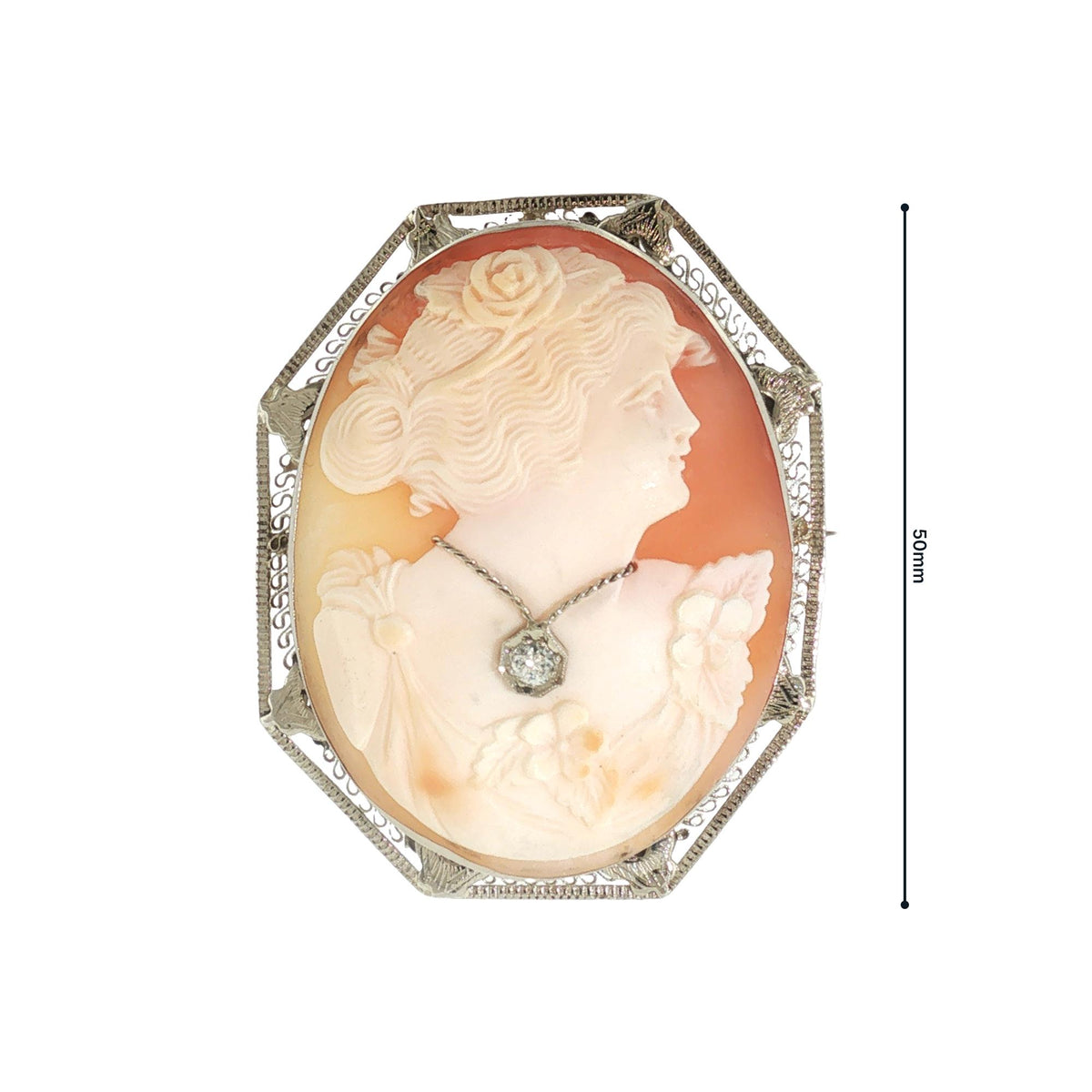 1930s 14 Karat White Gold Habille Shell Cameo Brooch