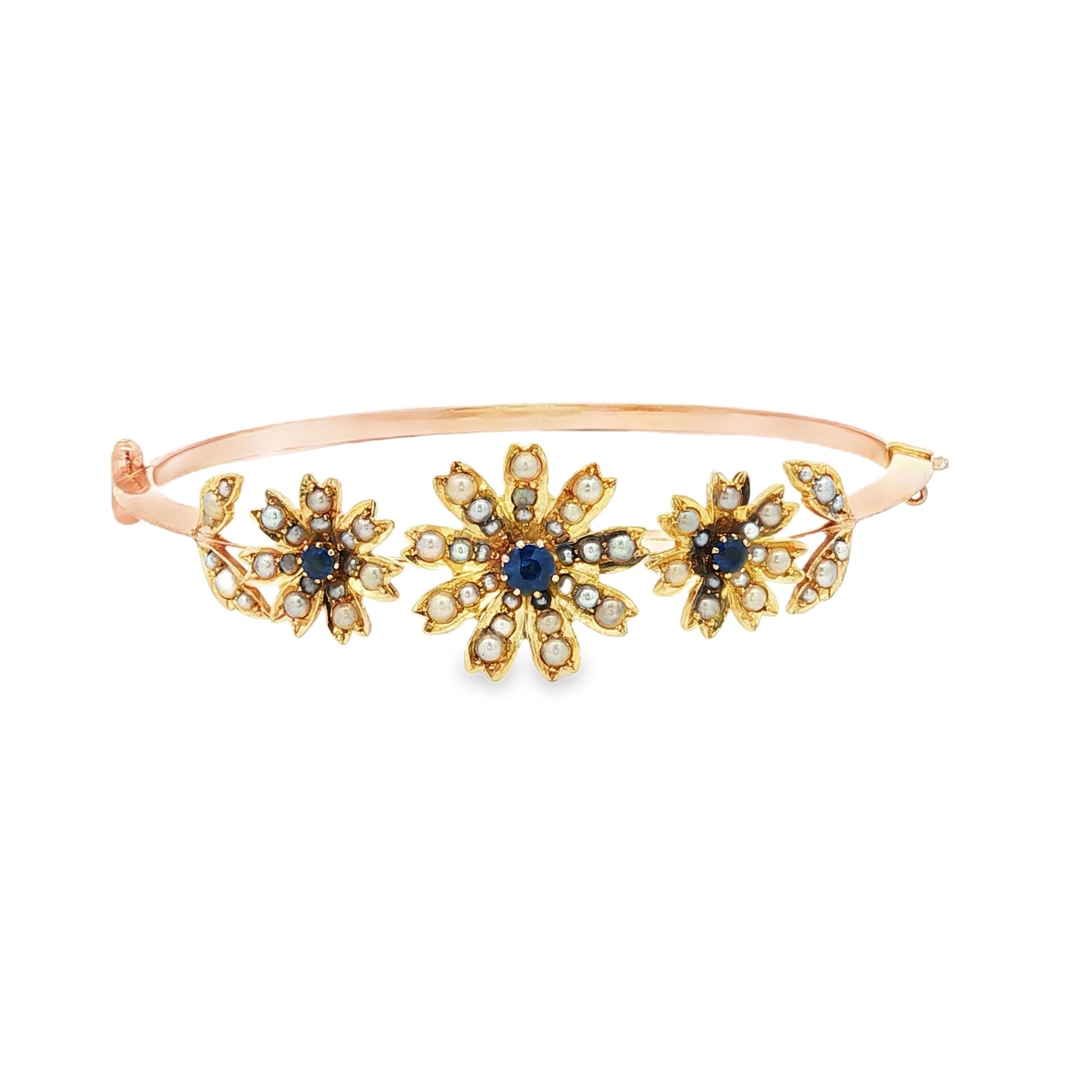 Victorian Seed Pearl and Sapphire Floral Design Hinged Bracelet